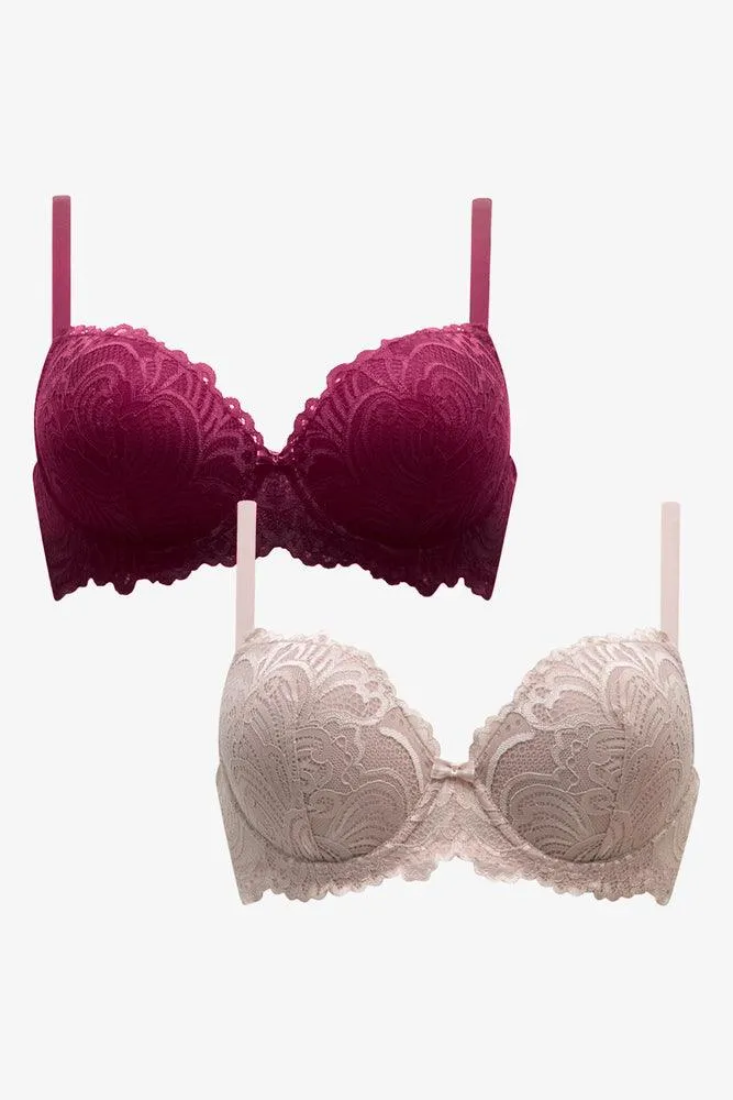 2 Pack Lace Balconette Bras Burgundy & Natural