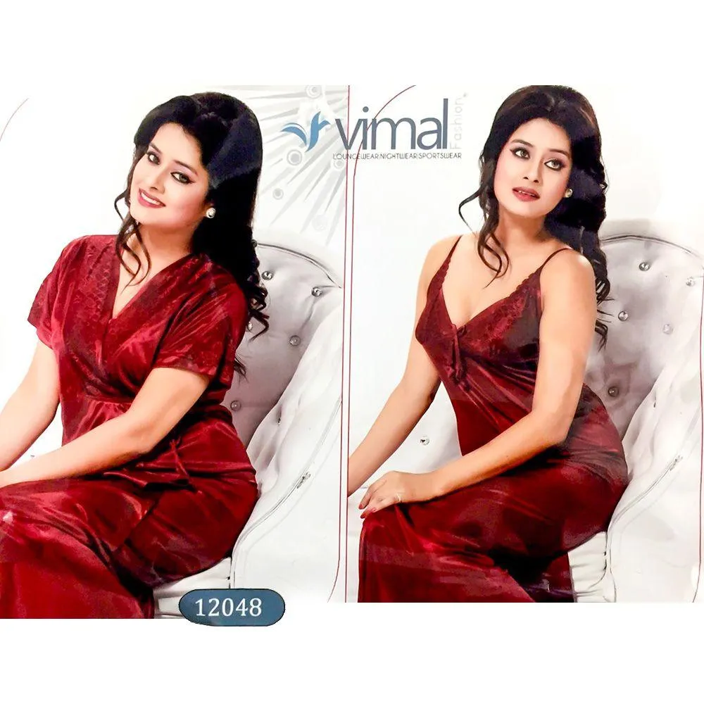 2 Pcs Bridal Long Nighty Set with Gown - V12048 - Satin Silk Nighty by Vimal Fashion