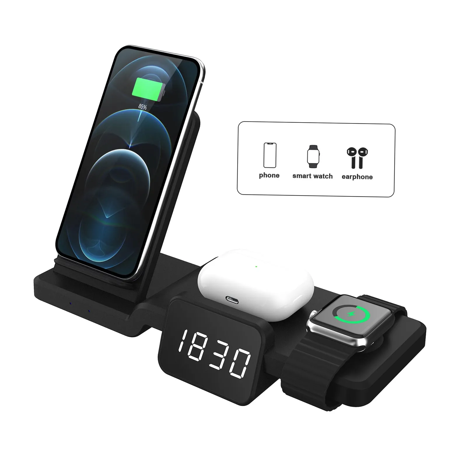 3 in 1 Wireless Charger Stand with Clock for Multiple Devices