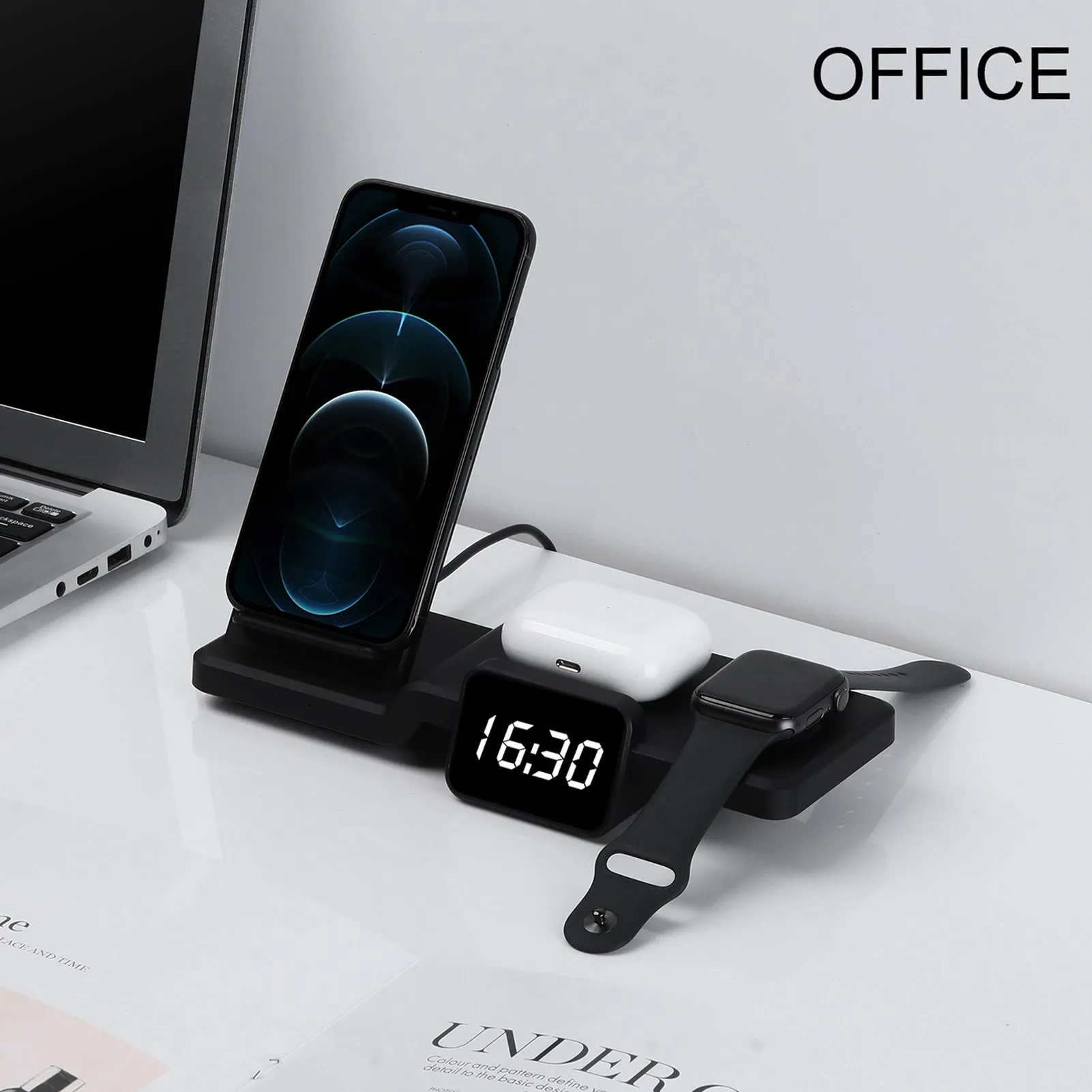 3 in 1 Wireless Charger Stand with Clock for Multiple Devices