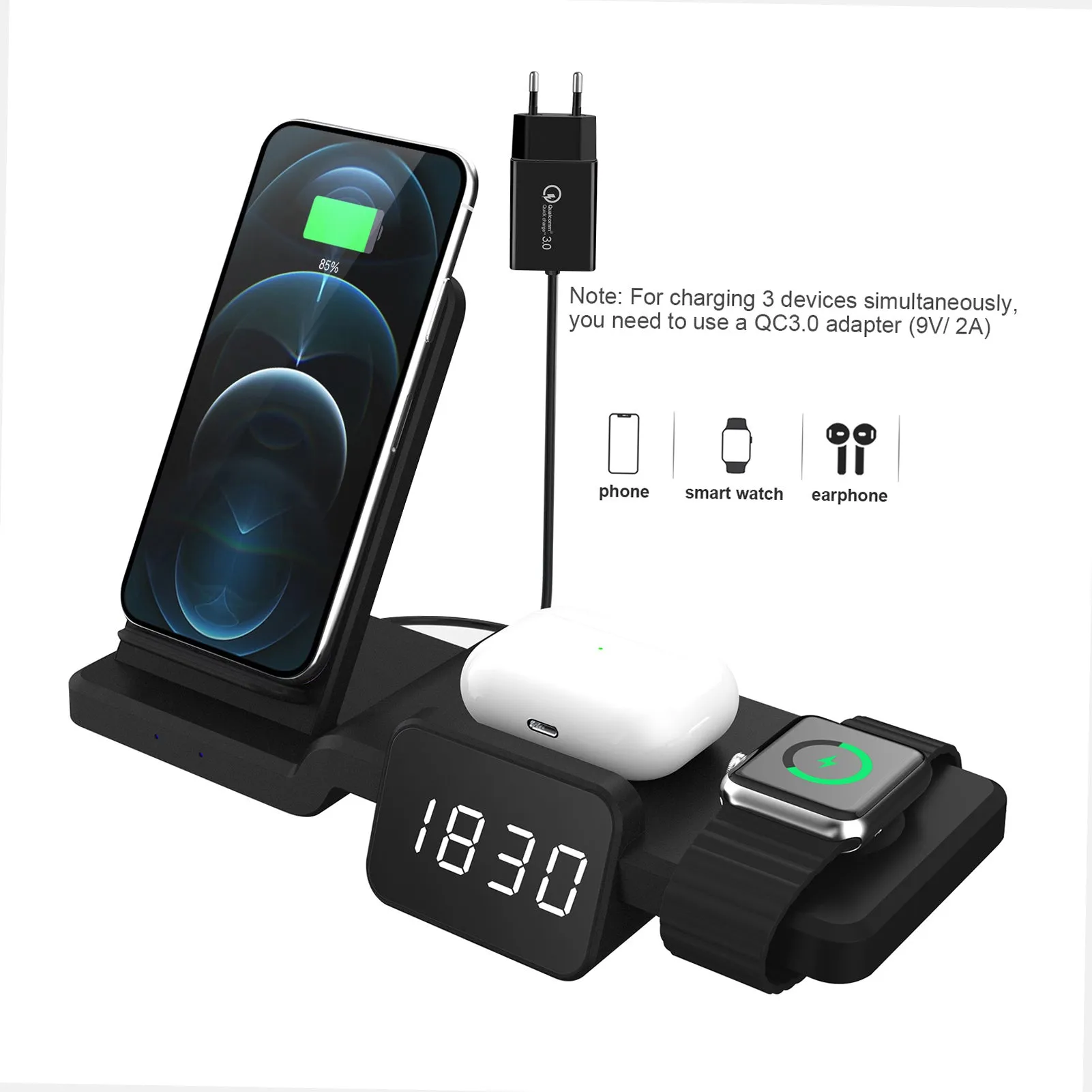 3 in 1 Wireless Charger Stand with Clock for Multiple Devices