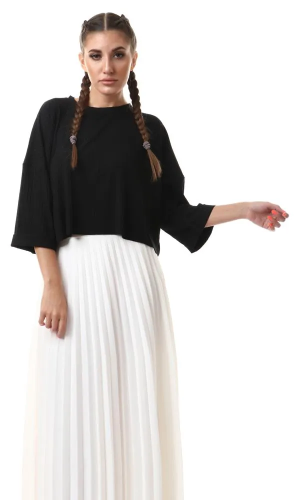 56997 Roll-Up 3/4 Sleeves Ribbed Black Top