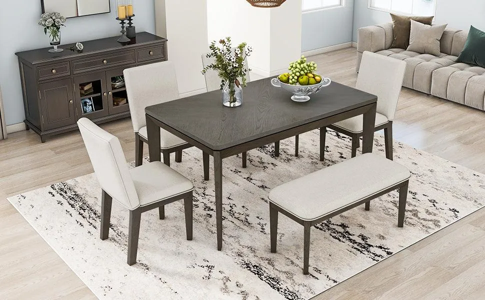 6-Piece Farmhouse Dining Set, Upholstered Chairs & Bench, Dark Gray Beige