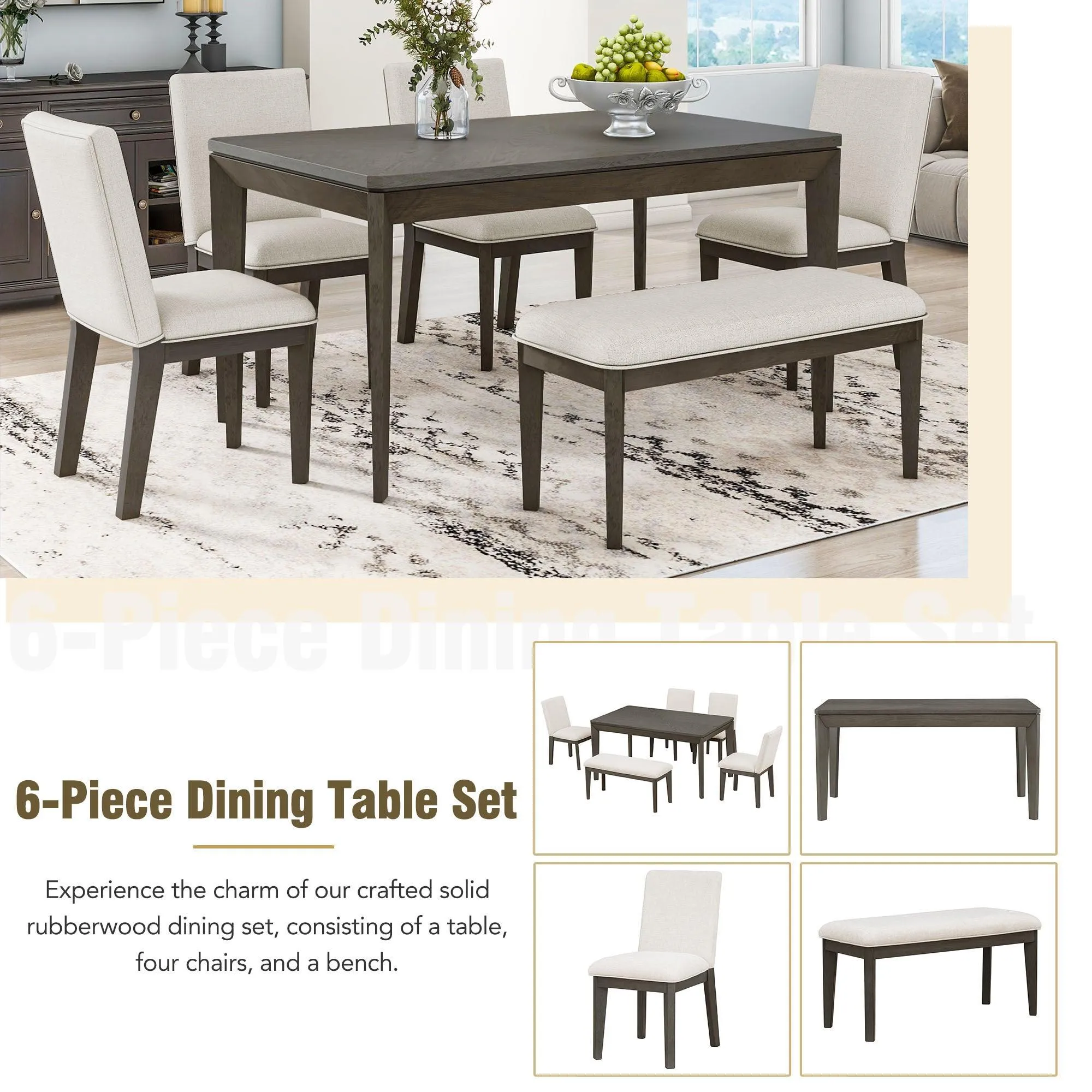 6-Piece Farmhouse Dining Set, Upholstered Chairs & Bench, Dark Gray Beige