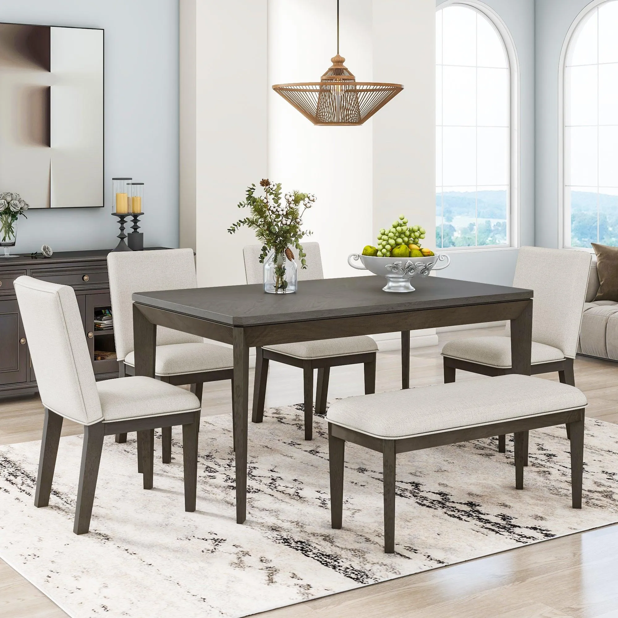 6-Piece Farmhouse Dining Set, Upholstered Chairs & Bench, Dark Gray Beige