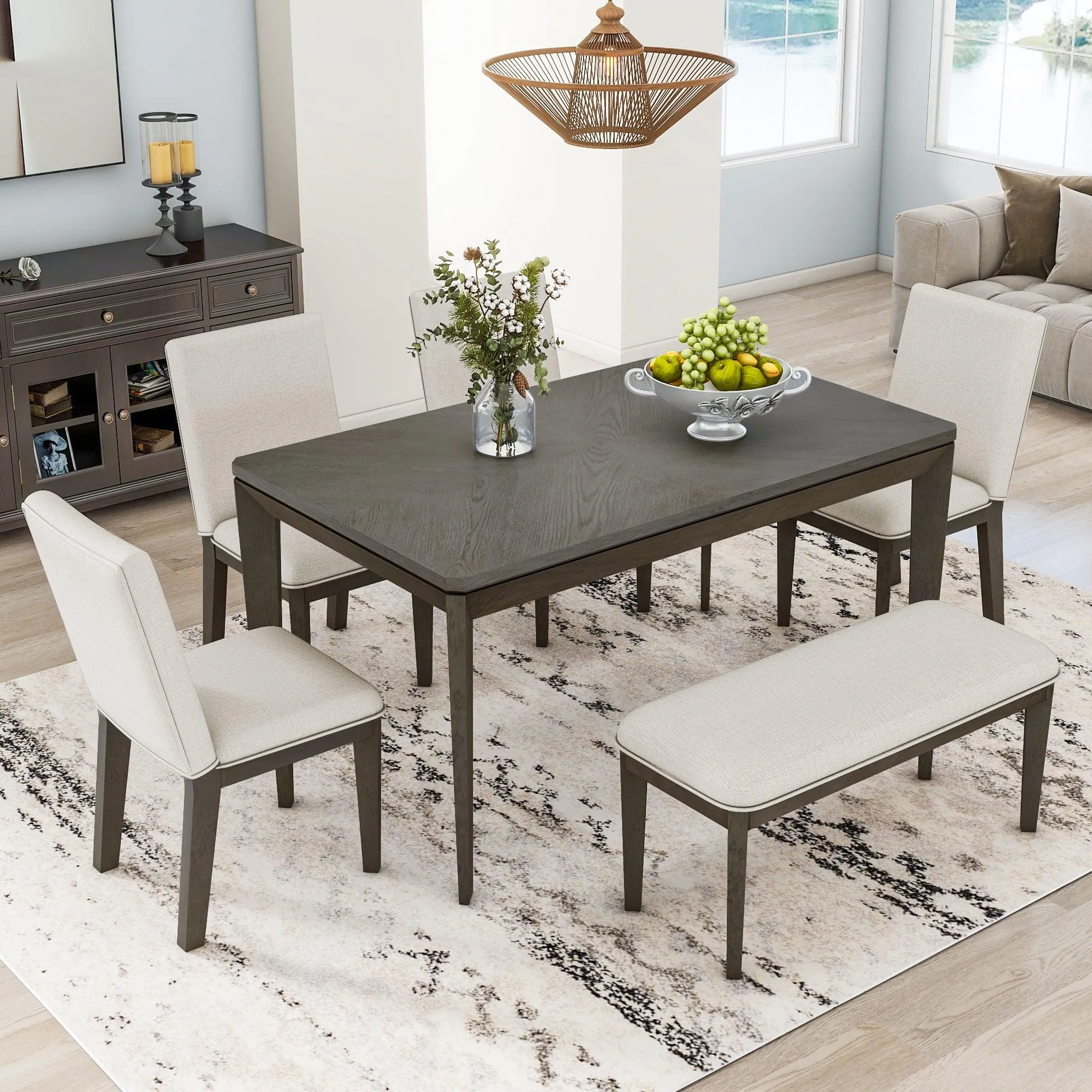 6-Piece Farmhouse Dining Set, Upholstered Chairs & Bench, Dark Gray Beige