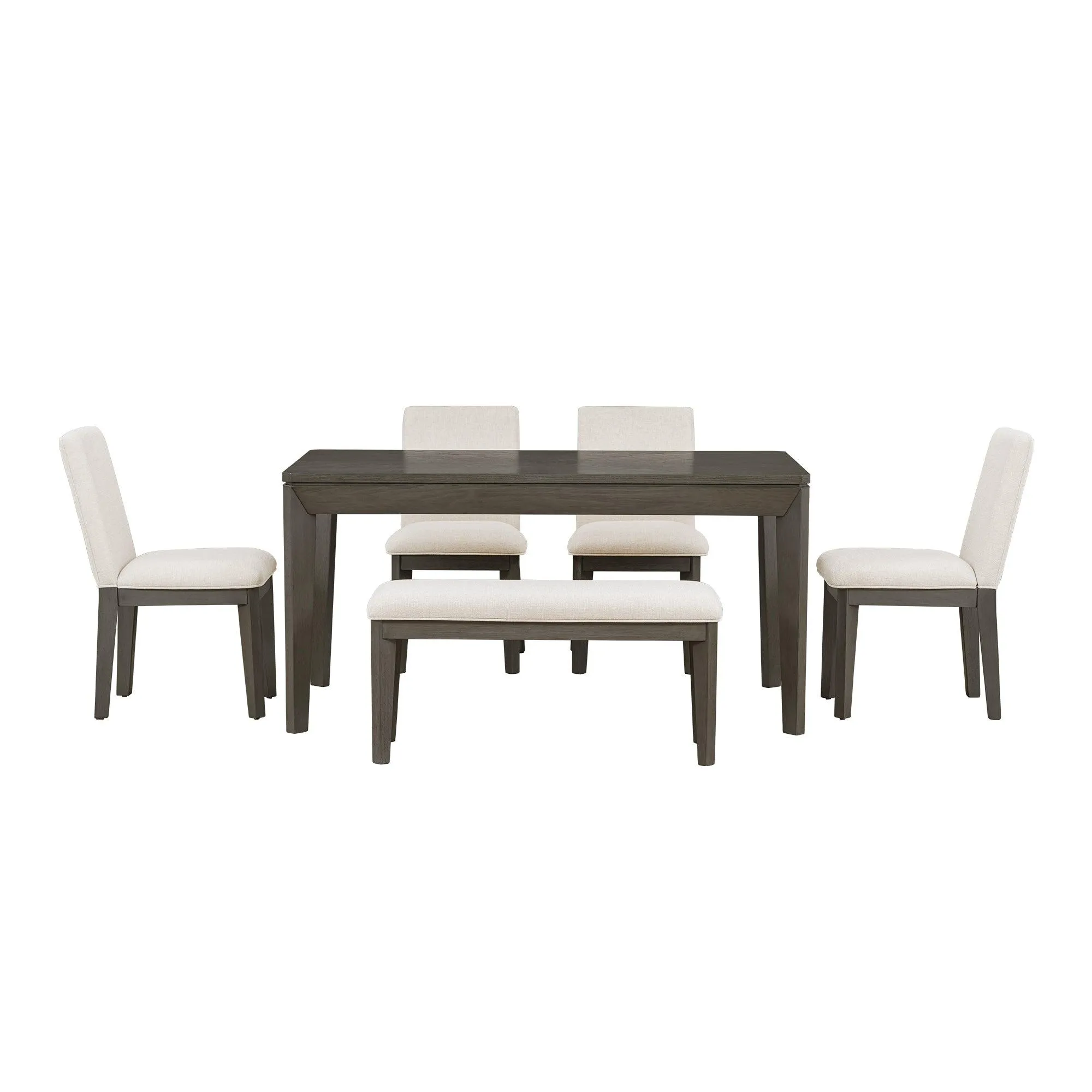 6-Piece Farmhouse Dining Set, Upholstered Chairs & Bench, Dark Gray Beige