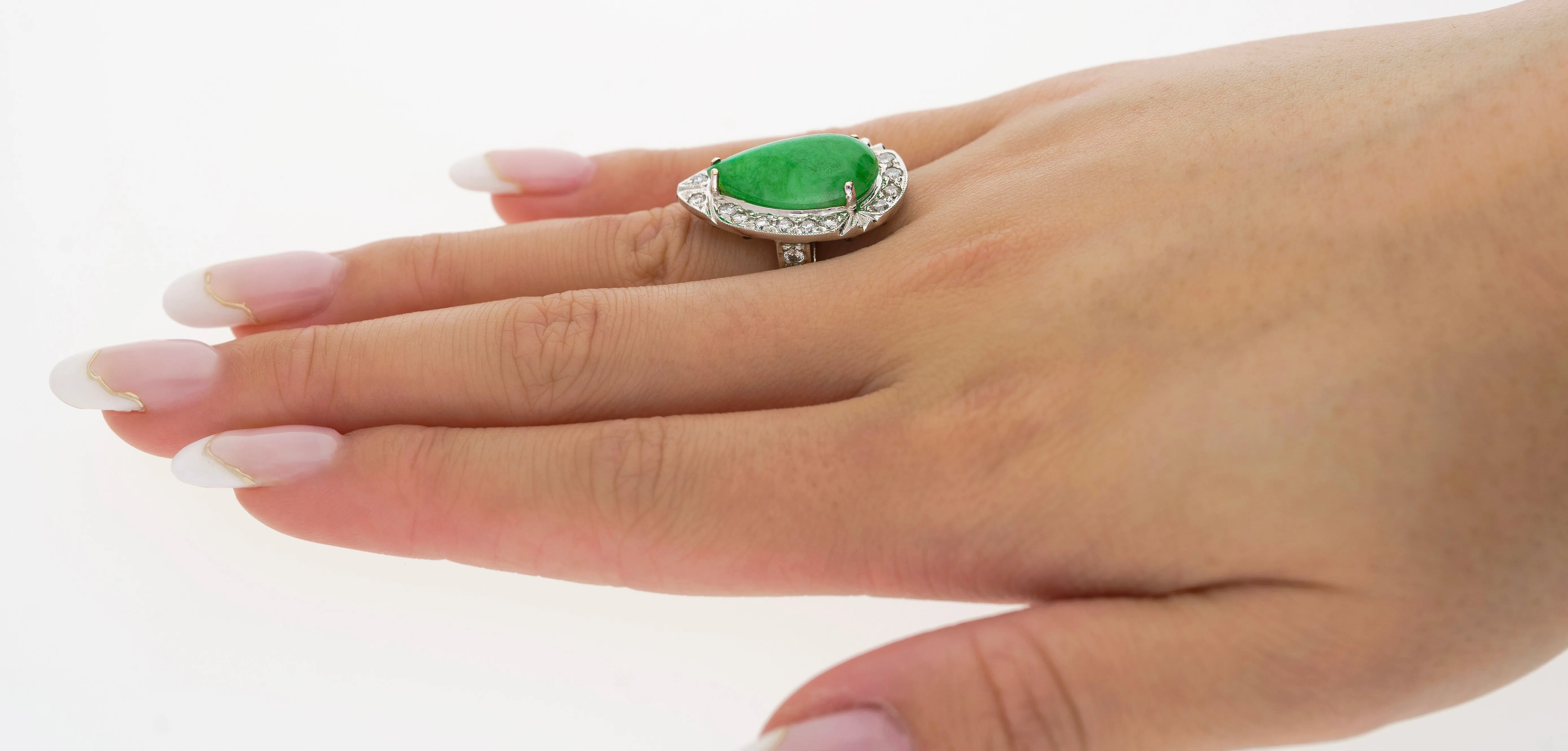 7.88 Carat Jade and Diamond Halo Ring in 18k White Gold