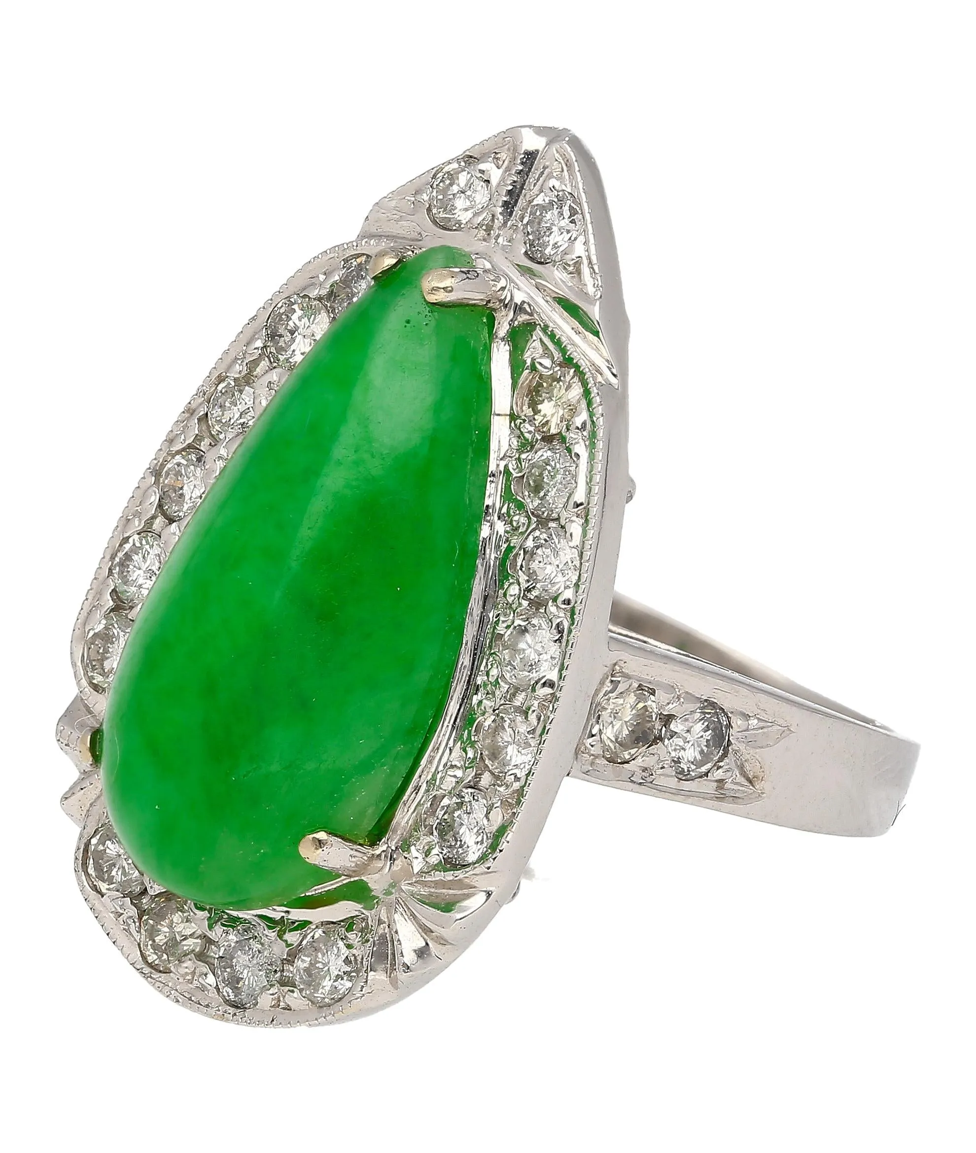 7.88 Carat Jade and Diamond Halo Ring in 18k White Gold