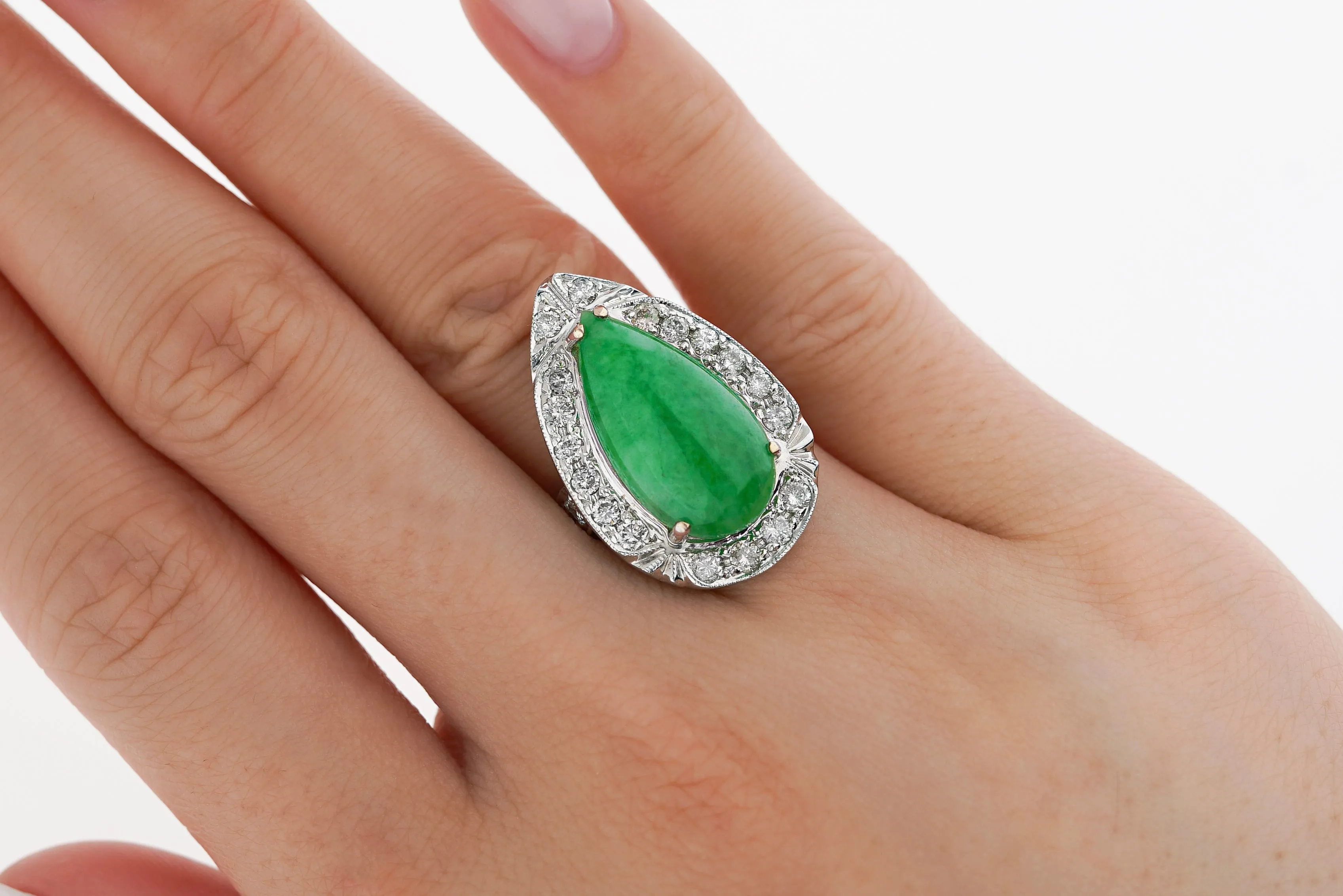 7.88 Carat Jade and Diamond Halo Ring in 18k White Gold