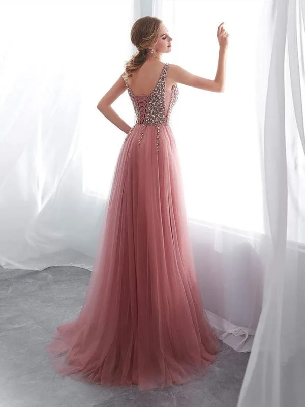 A Line V Neck Beaded Pink Tulle Long Prom with Corset Back High Slit, Pink V Neck Formal, Graduation