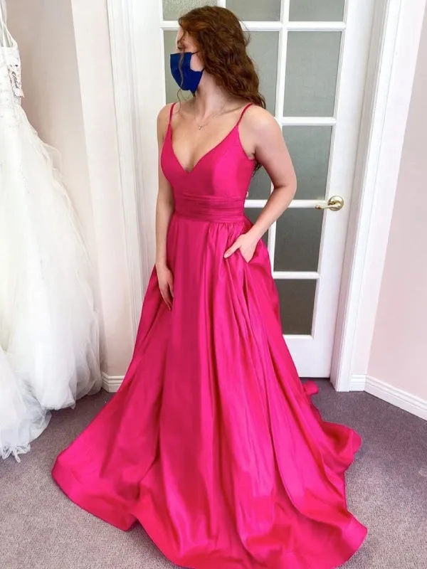 A Line V Neck Hot Pink Satin Long Prom with Pocket, V Neck Hot Pink Formal Evening