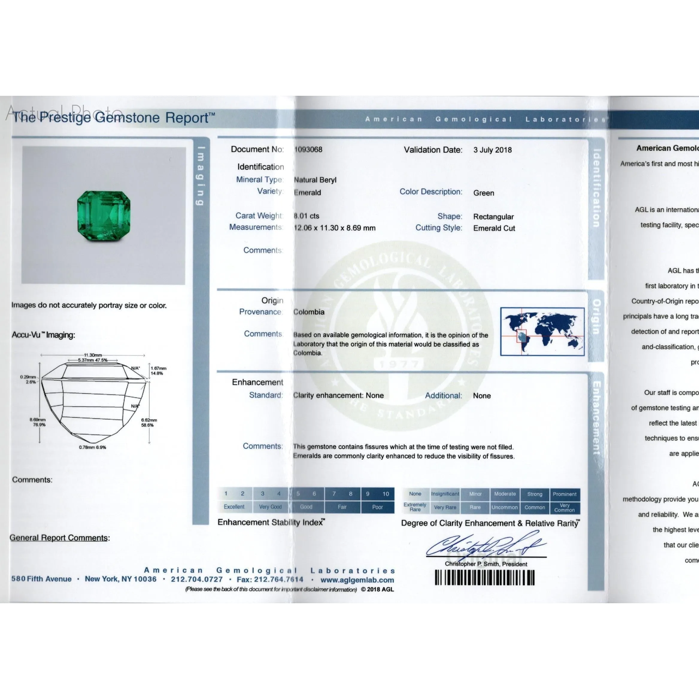 AGL Certified 8.01 Carat No Oil Colombian Emerald Vintage Platinum Ring