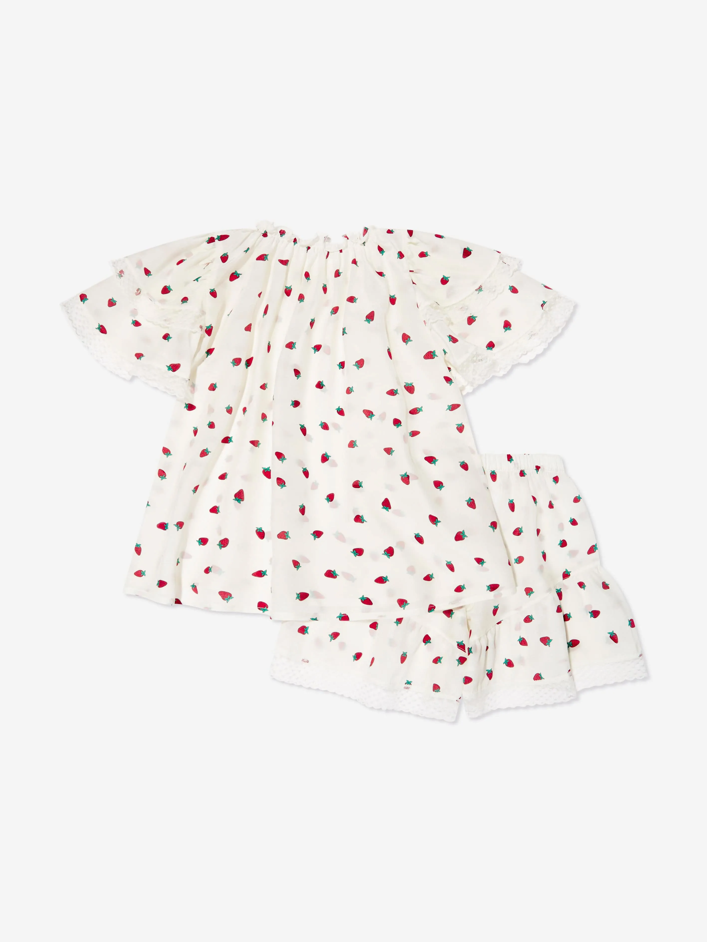 Amiki Children Girls Silk Demi Strawberries Short Pyjama Set in White