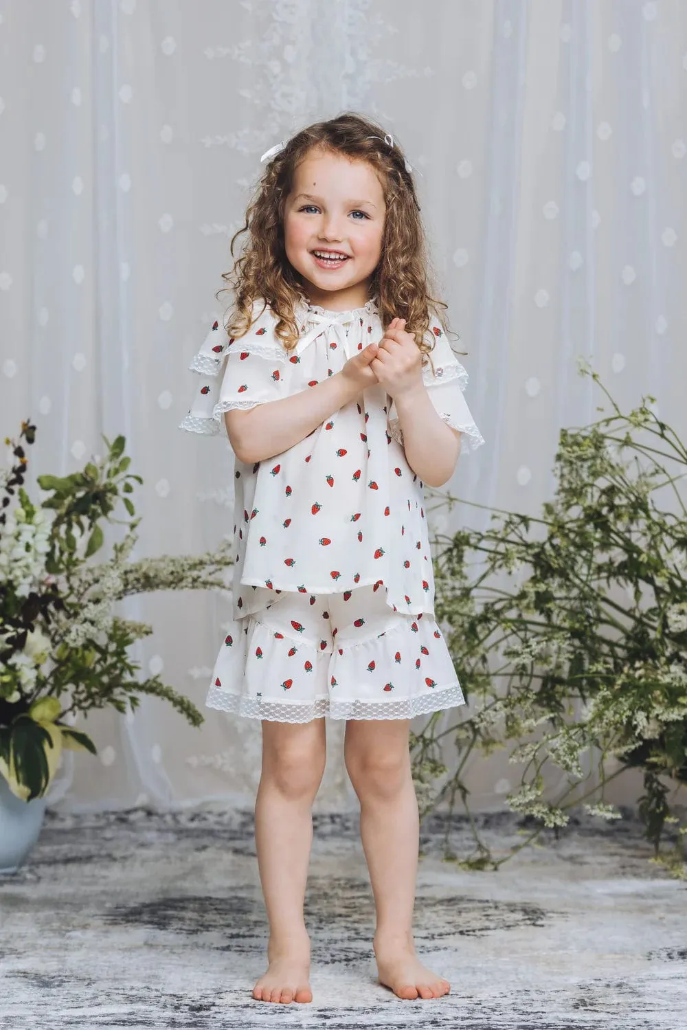 Amiki Children Girls Silk Demi Strawberries Short Pyjama Set in White