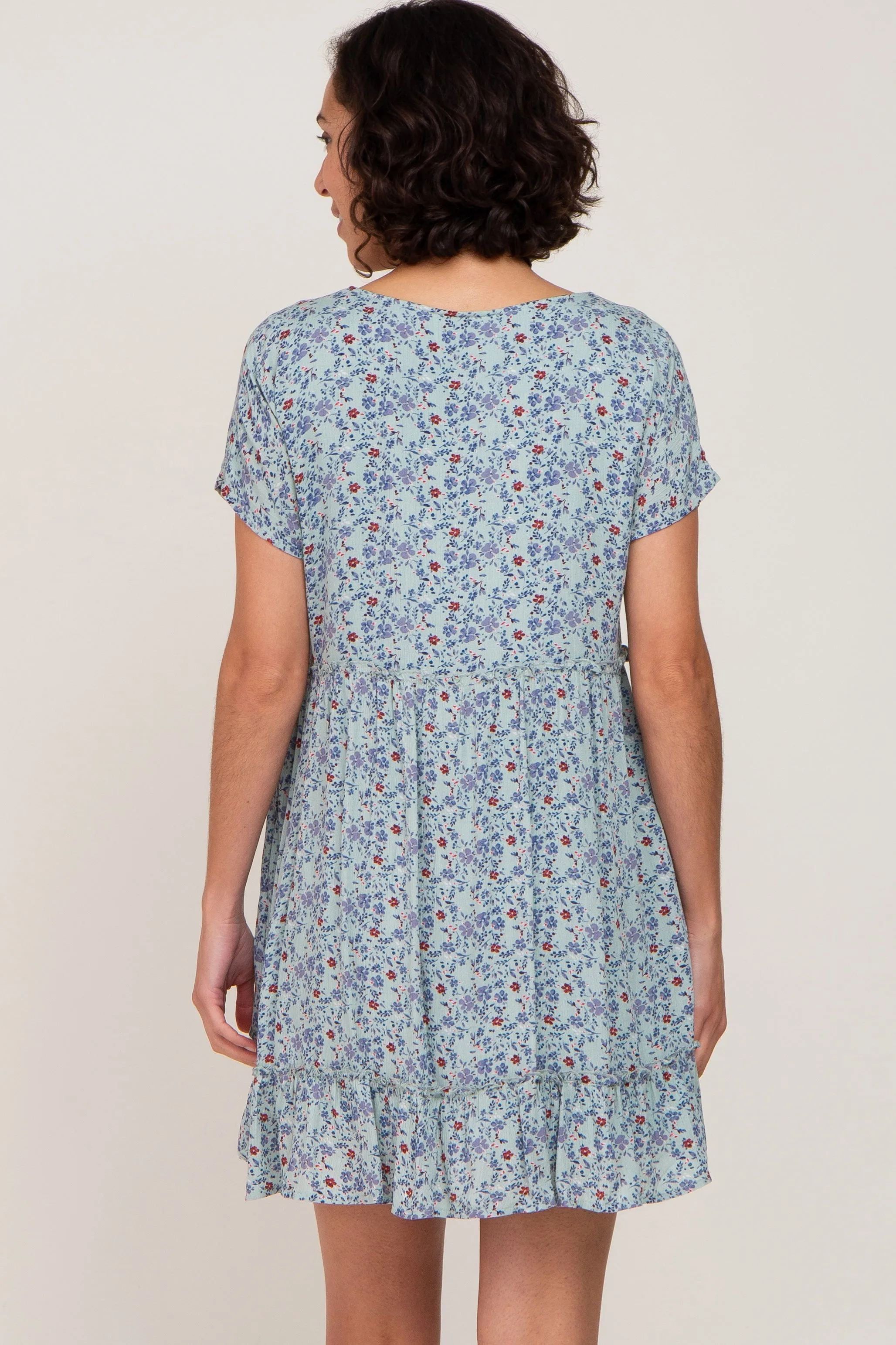 Aqua Floral Button Front Ruffle Hem Dress