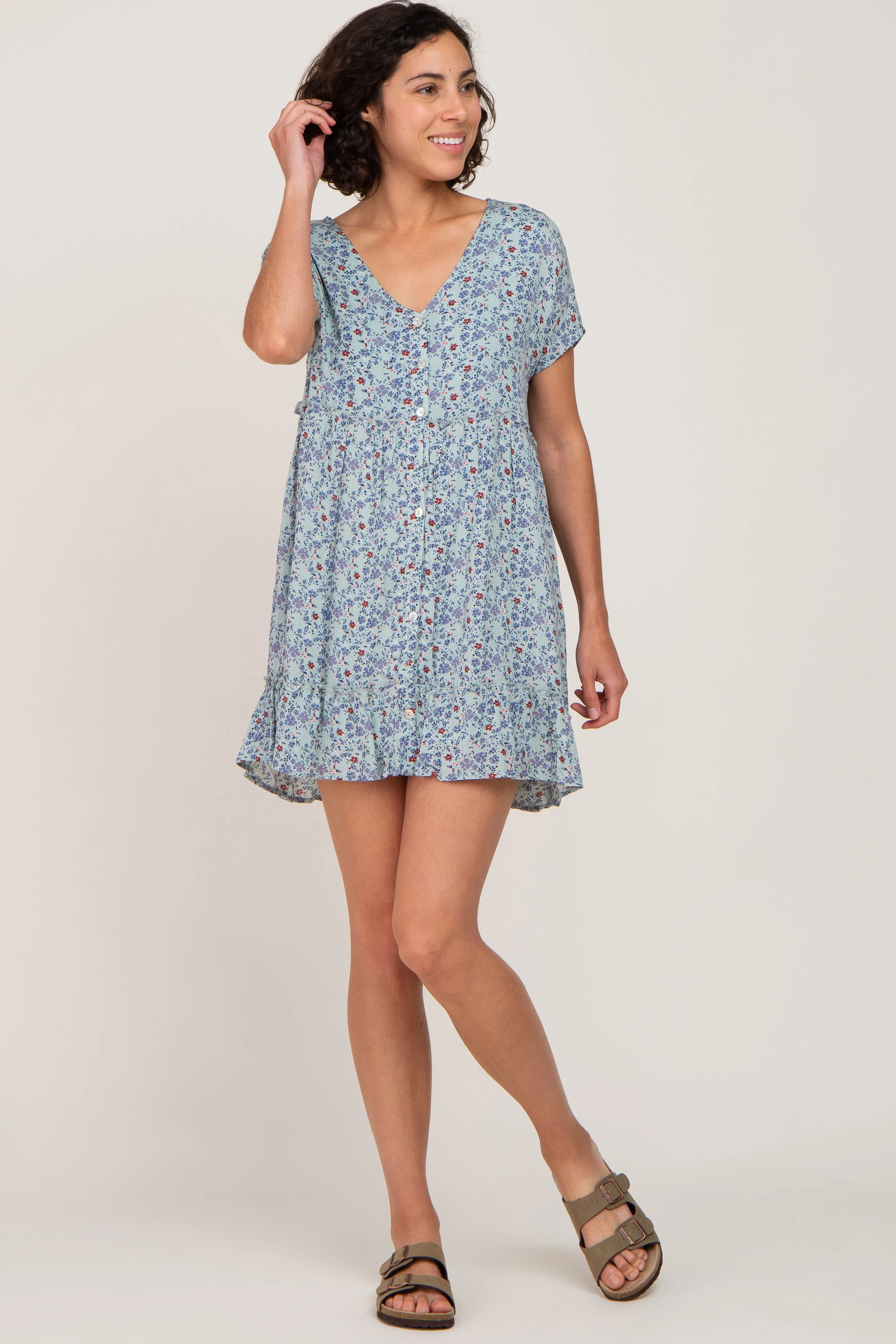 Aqua Floral Button Front Ruffle Hem Dress