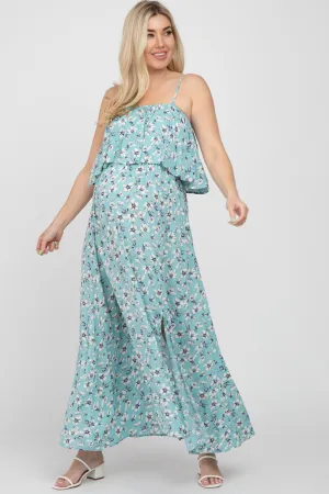 Aqua Floral Flounce Maternity Maxi Dress