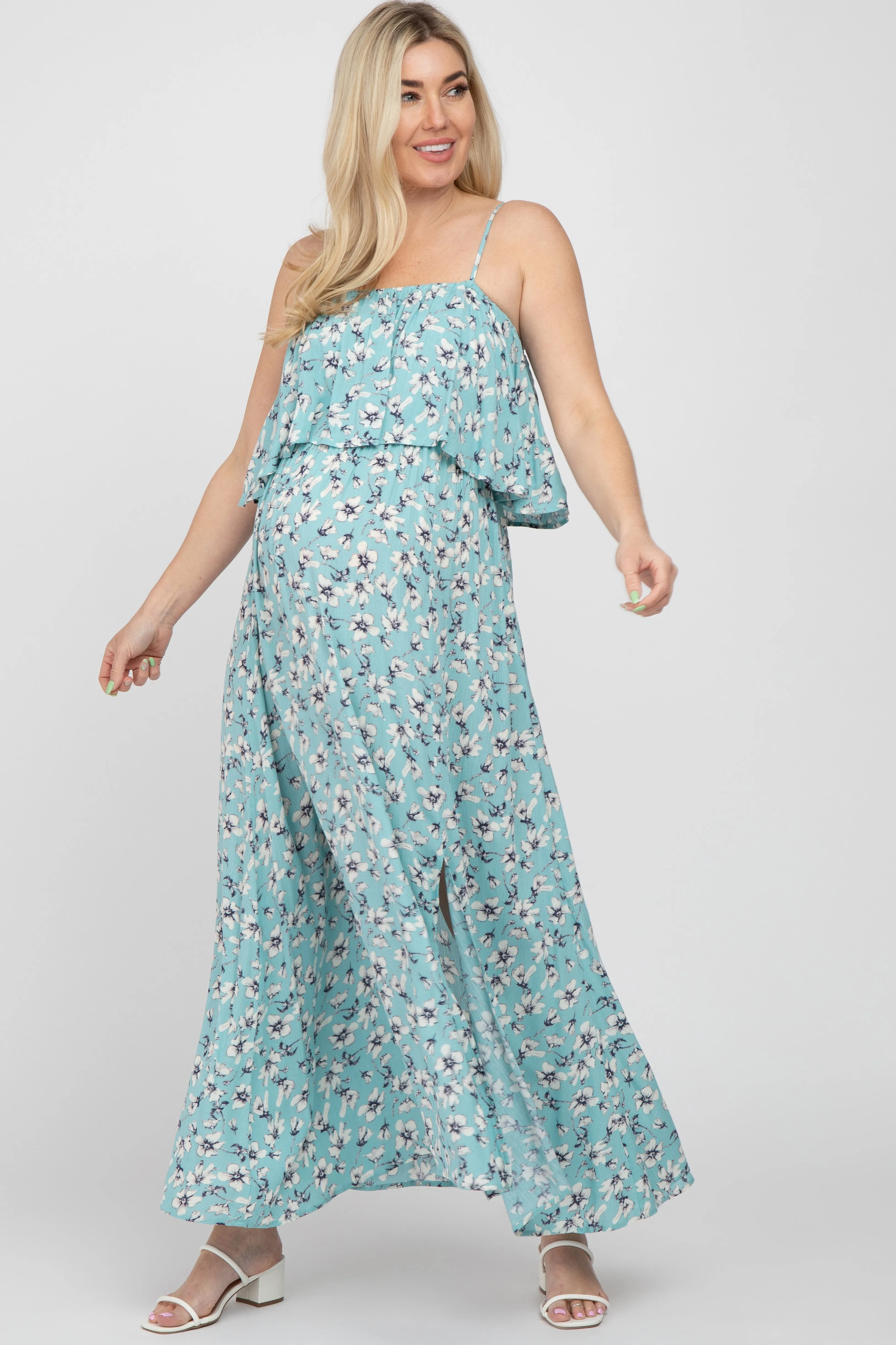 Aqua Floral Flounce Maternity Maxi Dress