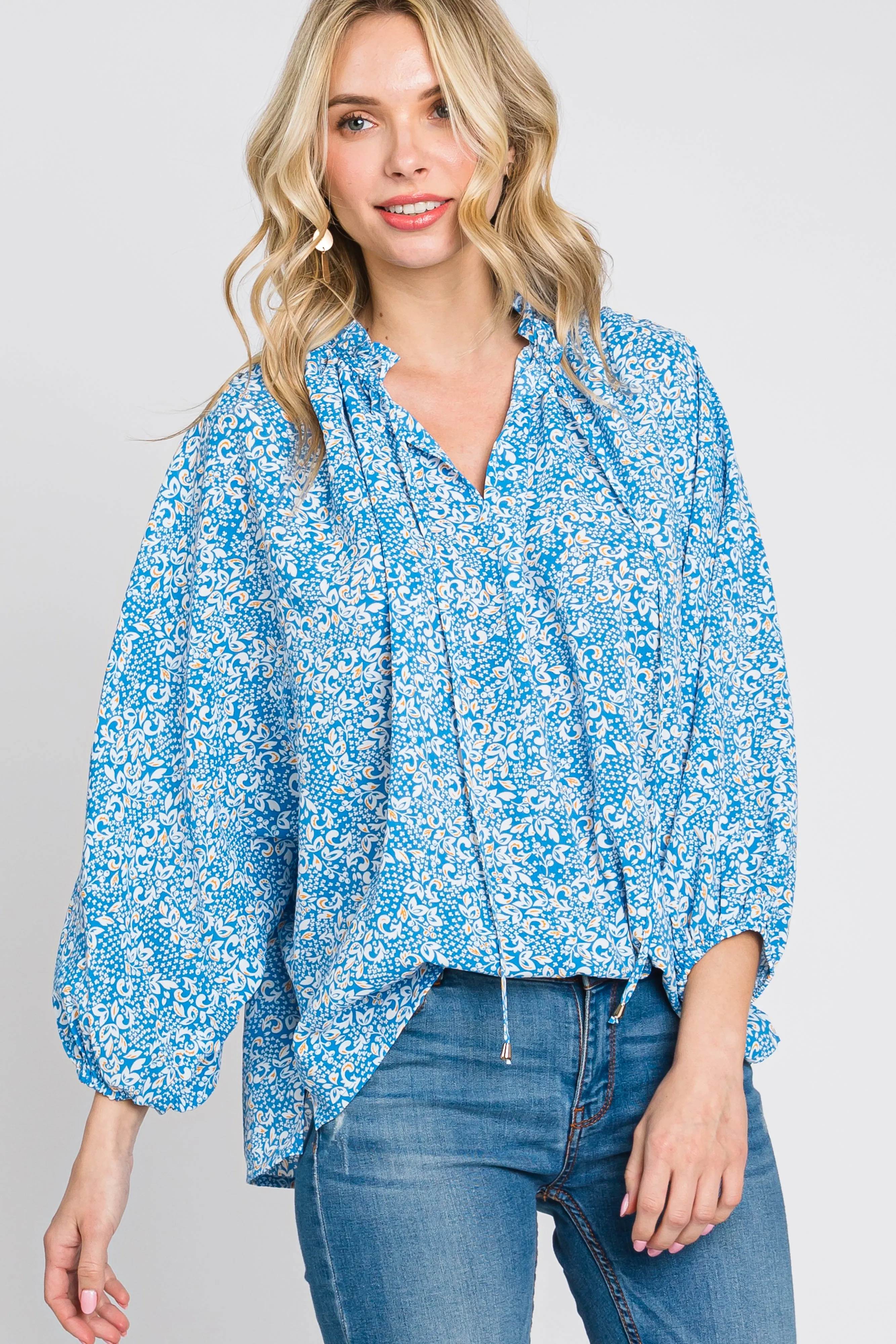 Aqua Floral Ruffle Neck Maternity Blouse