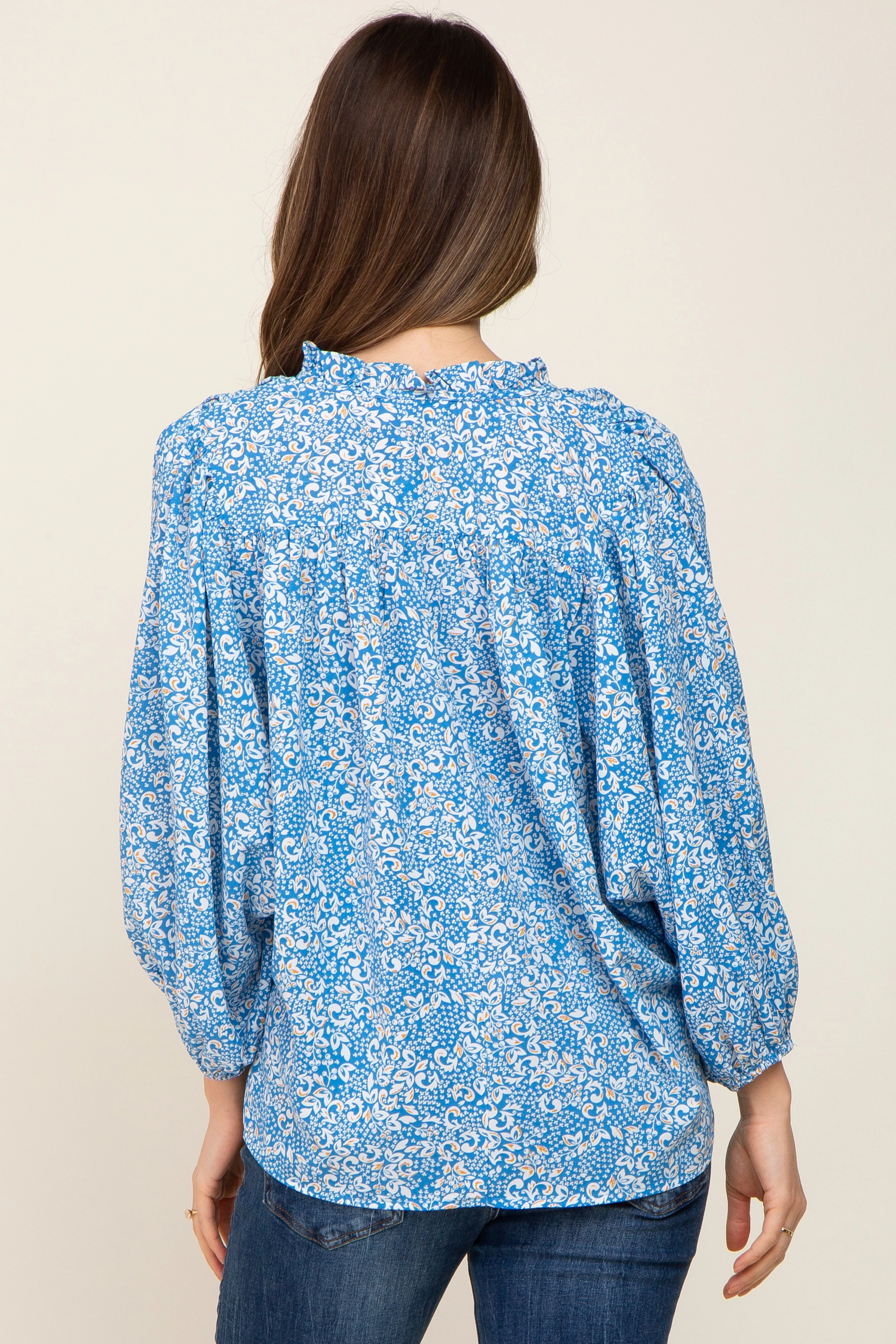 Aqua Floral Ruffle Neck Maternity Blouse