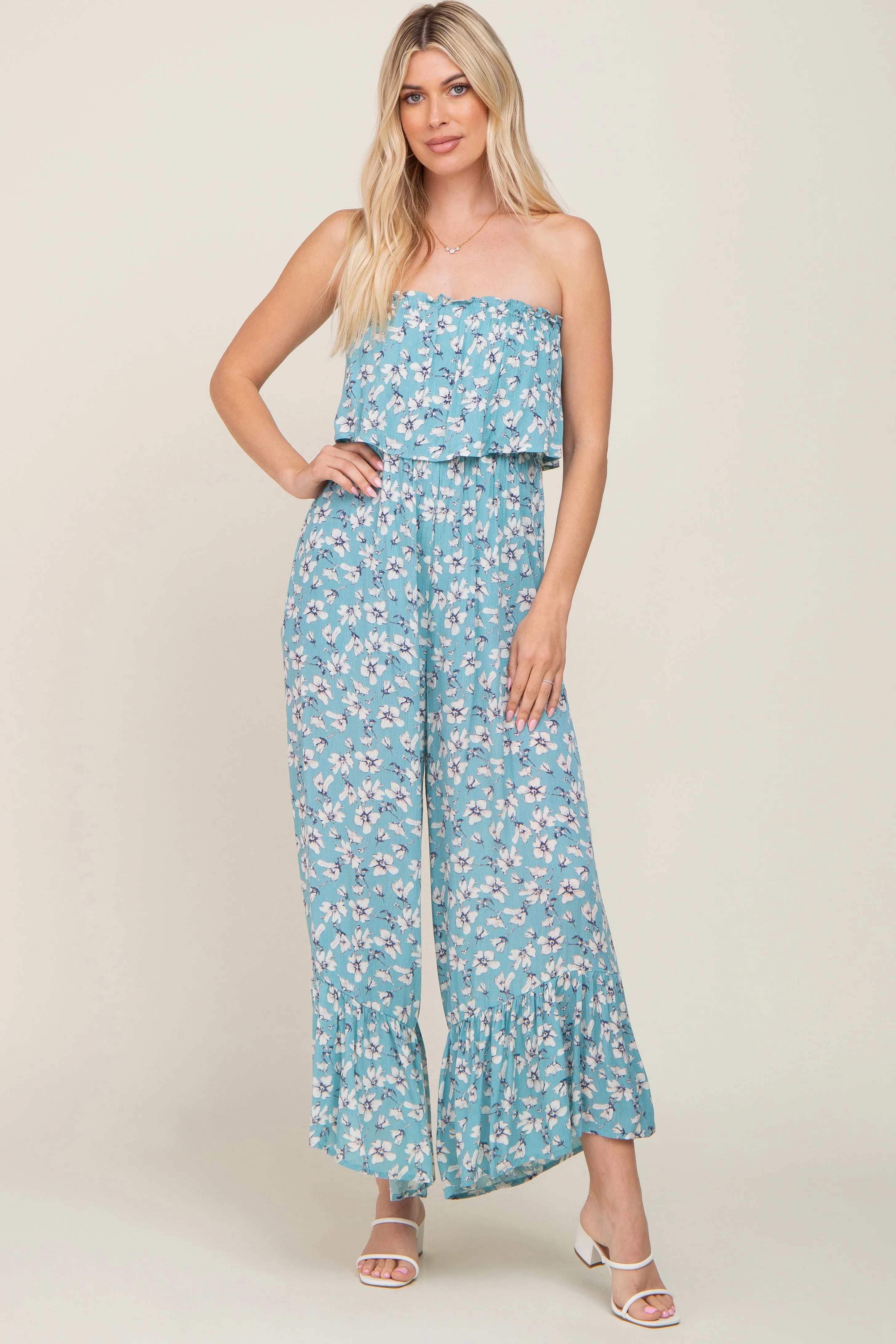 Aqua Floral Strapless Ruffle Jumpsuit