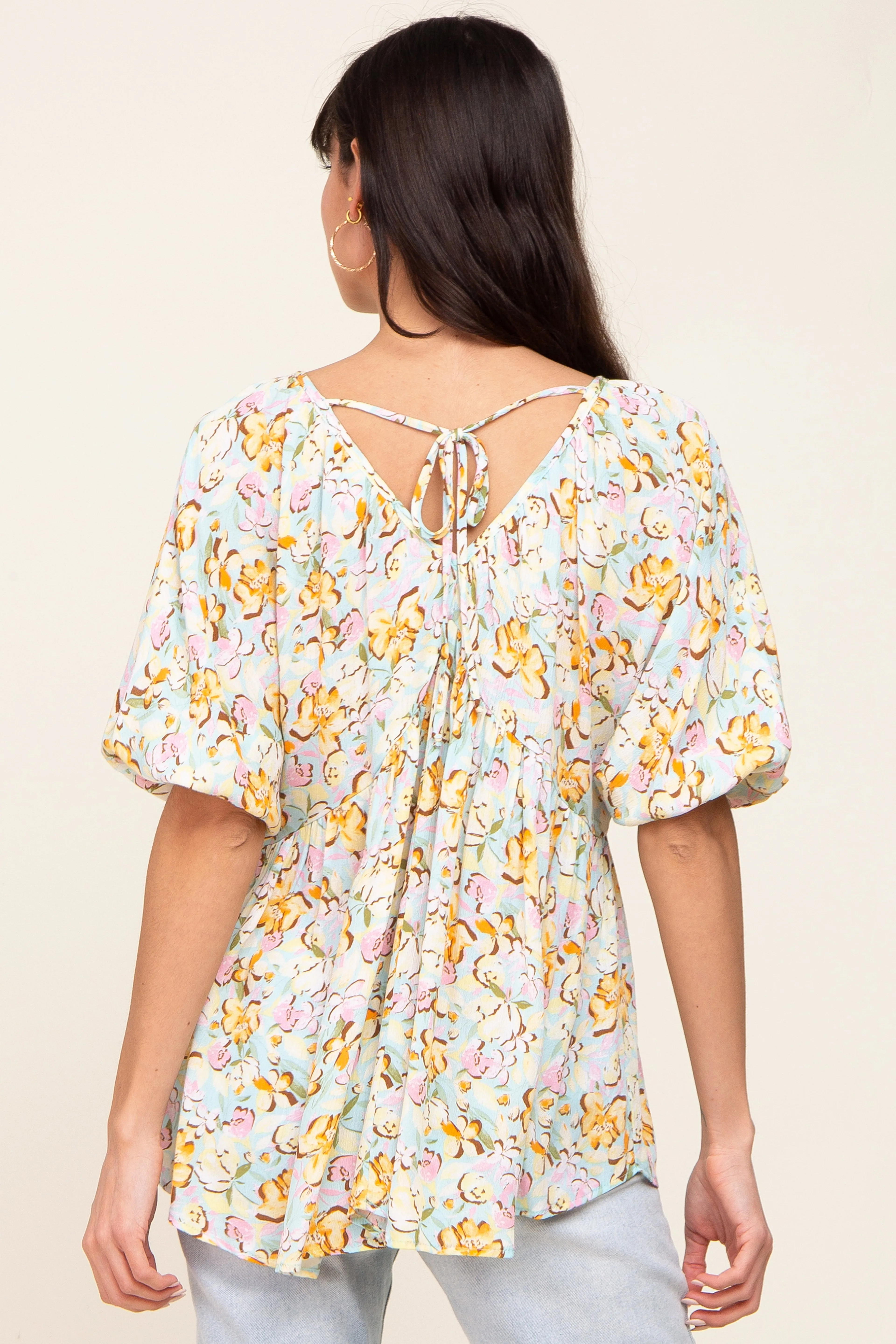 Aqua Floral V-Neck Short Puff Sleeve Top