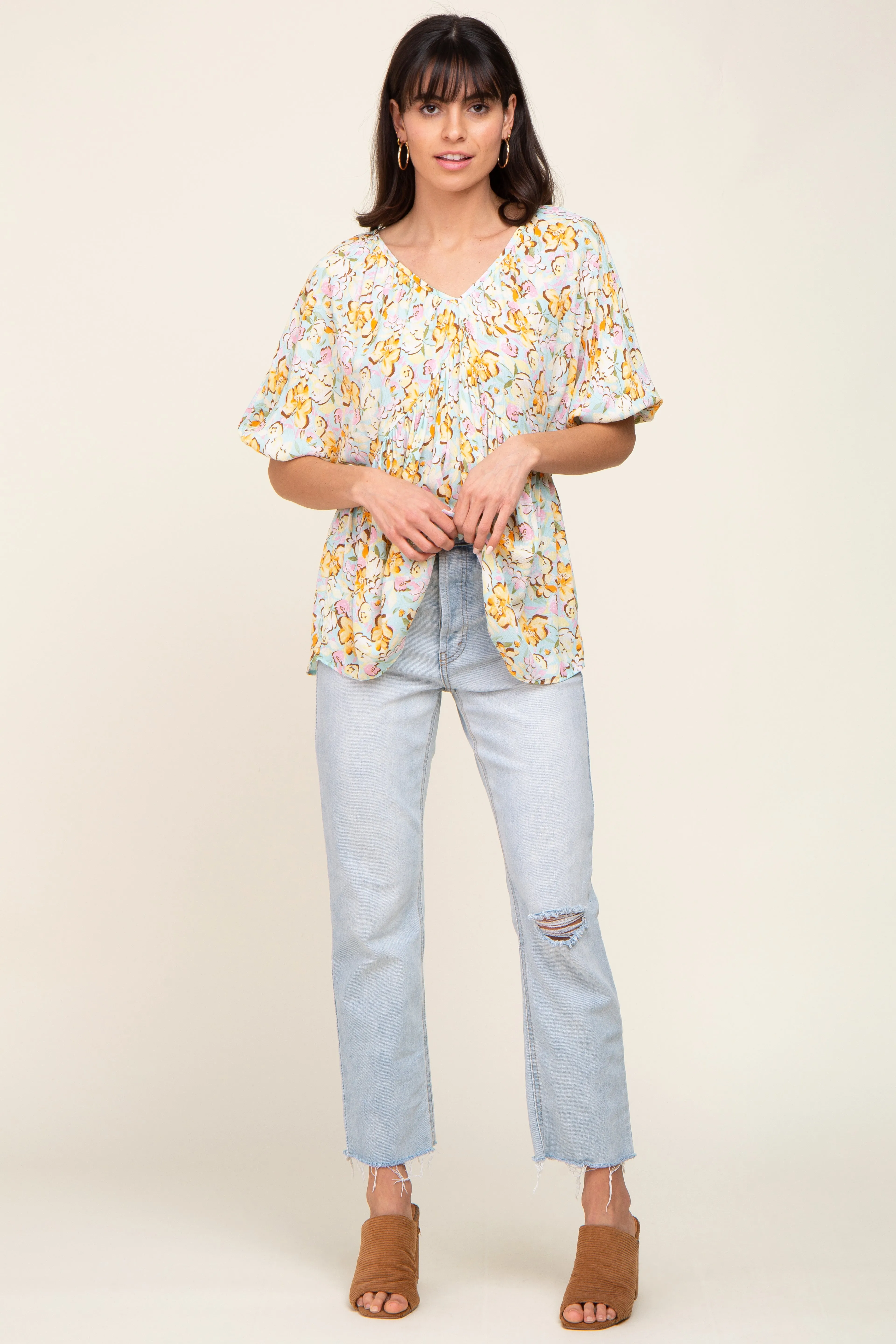 Aqua Floral V-Neck Short Puff Sleeve Top