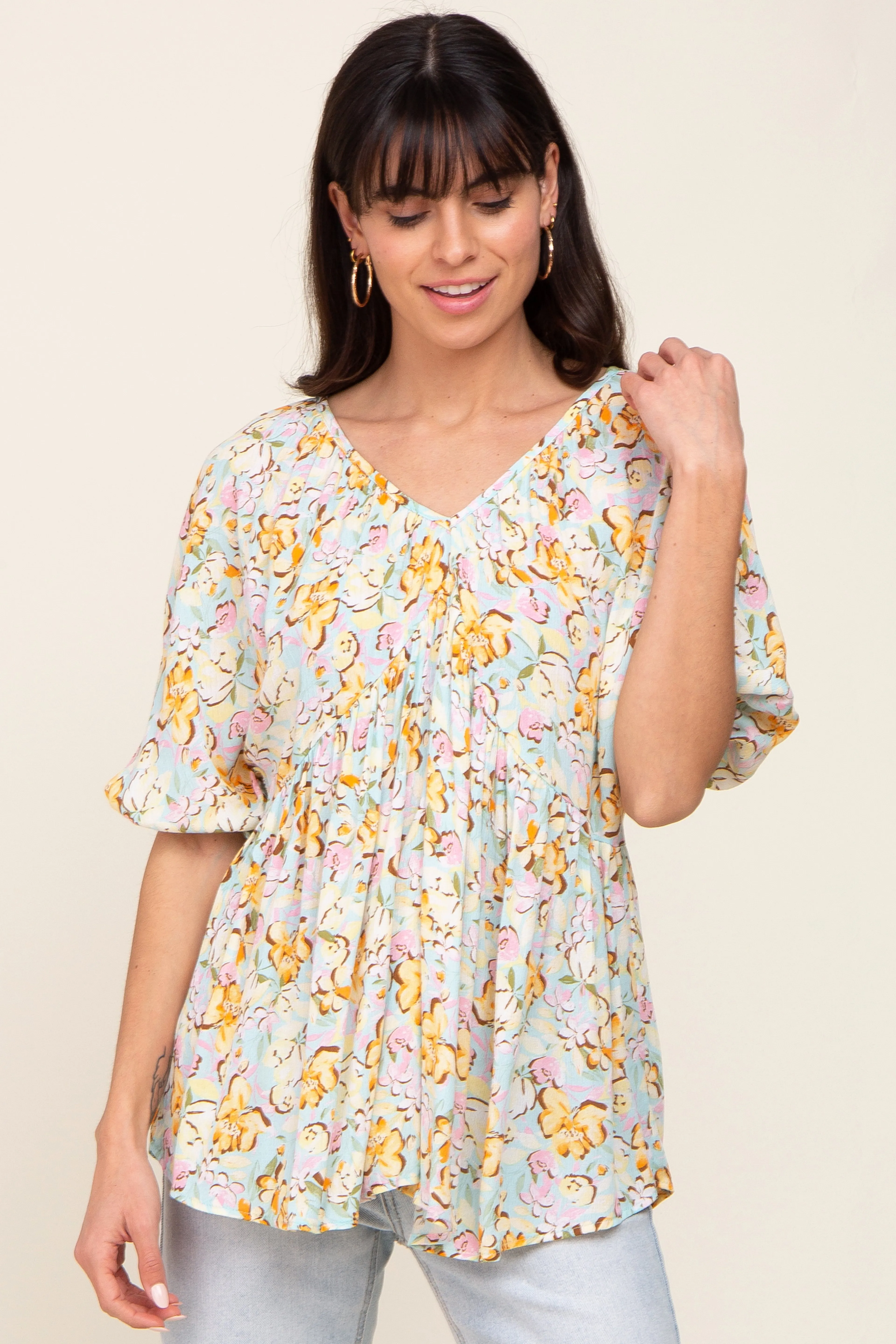 Aqua Floral V-Neck Short Puff Sleeve Top