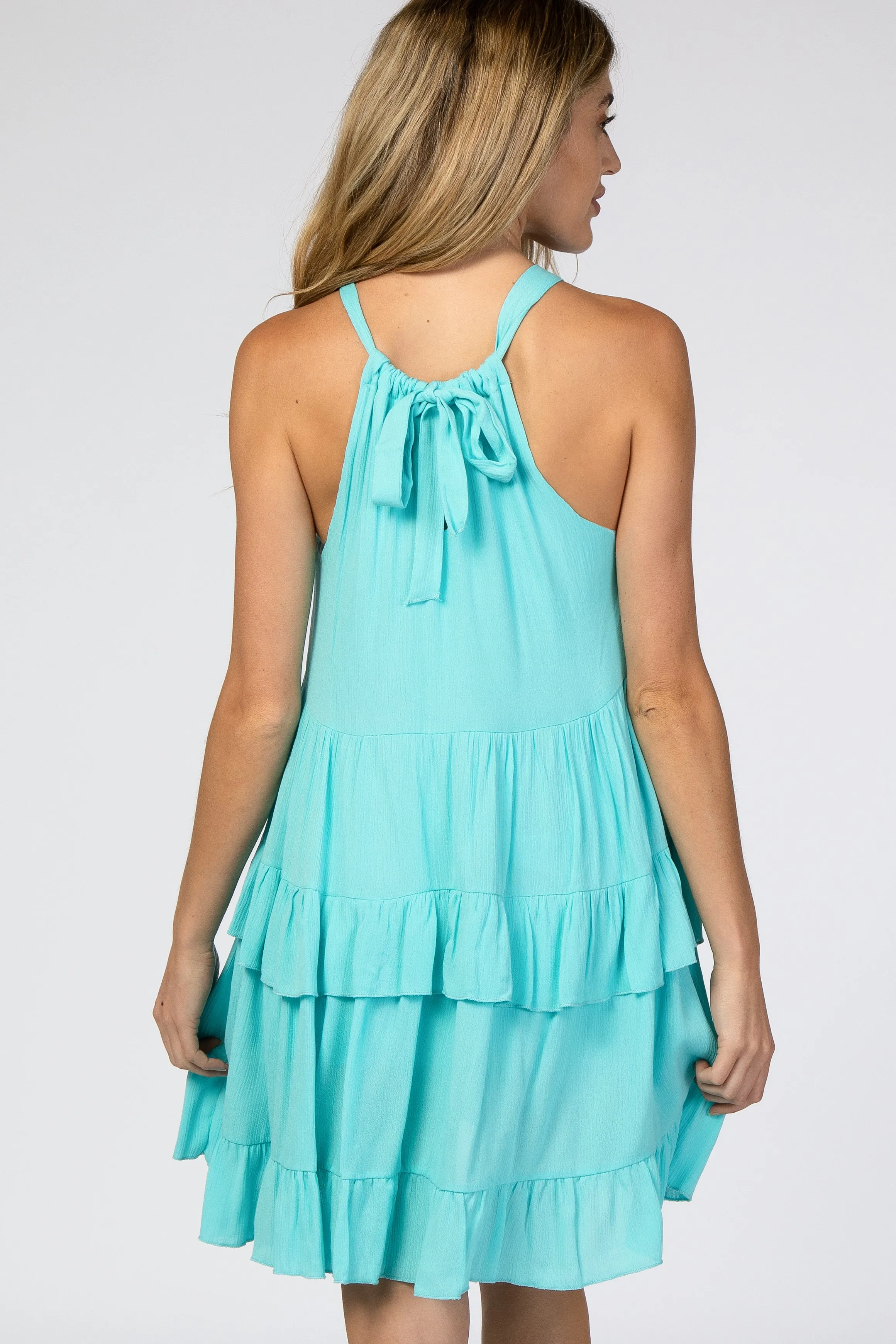 Aqua Halter Neck Tie Tiered Maternity Dress