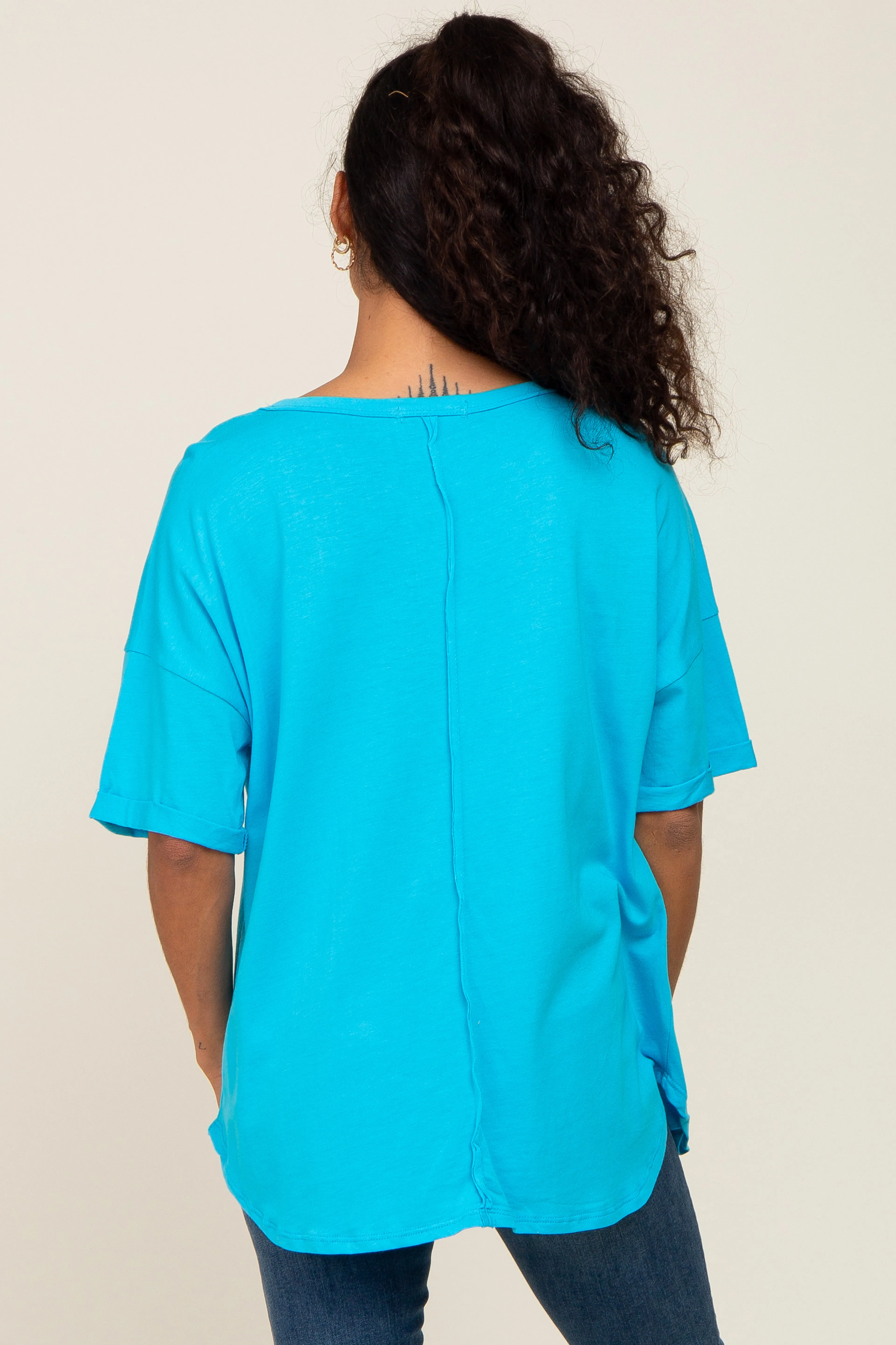 Aqua Oversized V-Neck Cuffed Short Sleeve Tee