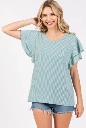 Aqua Ruffle Sleeve Ribbed Top