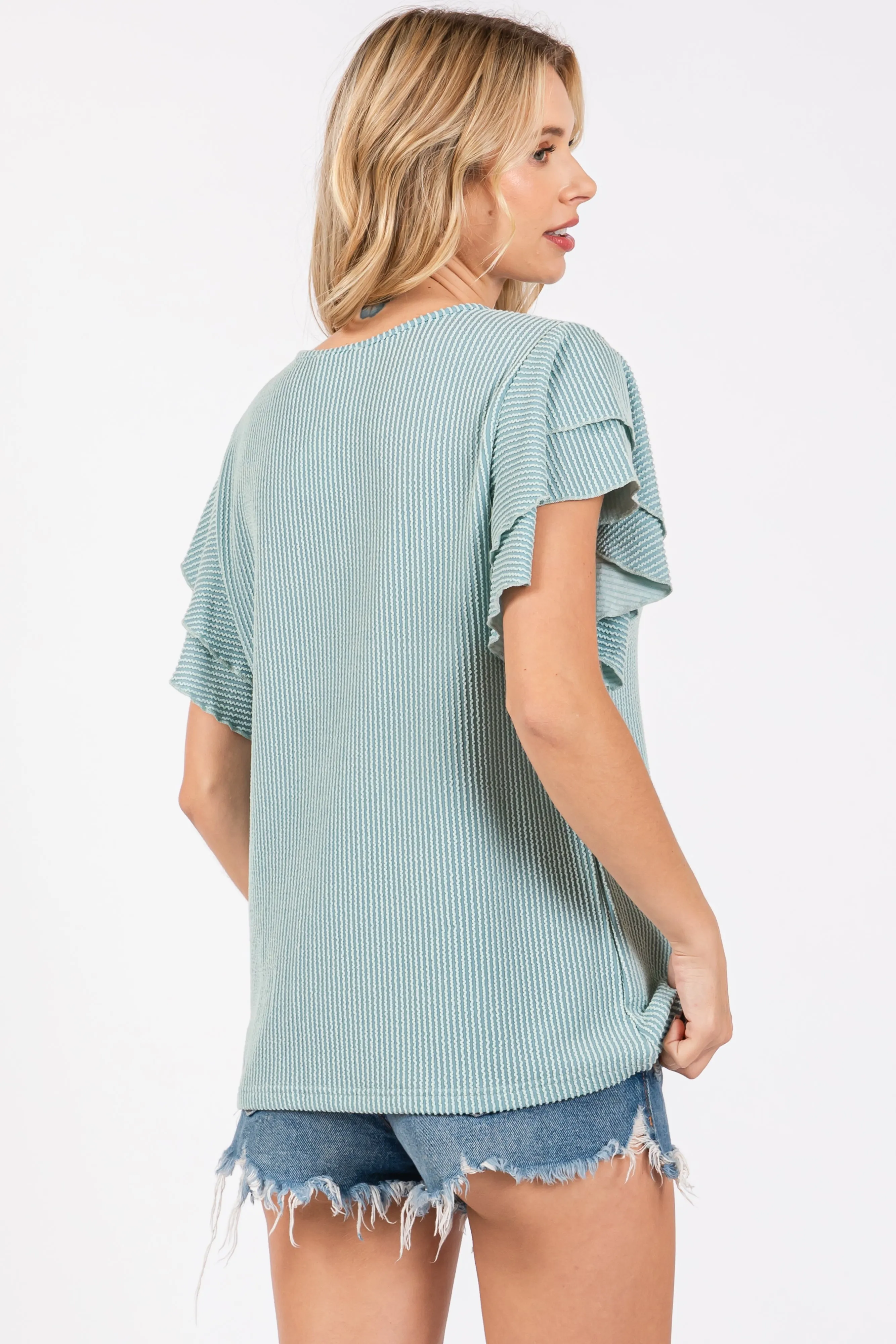 Aqua Ruffle Sleeve Ribbed Top