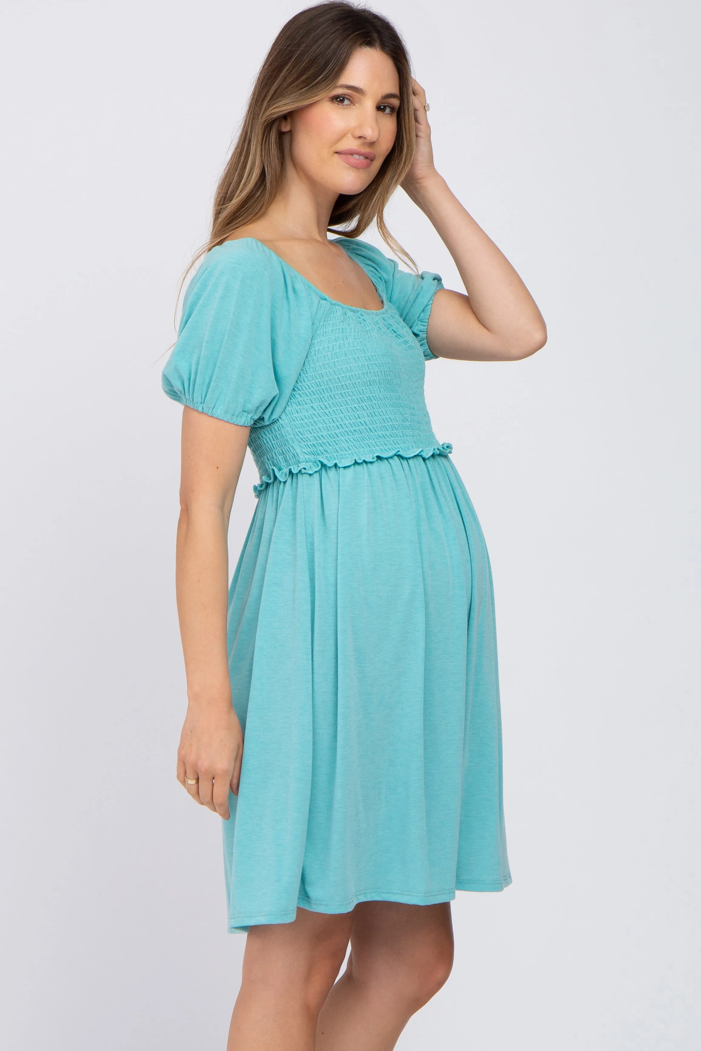 Aqua Smocked Maternity Dress