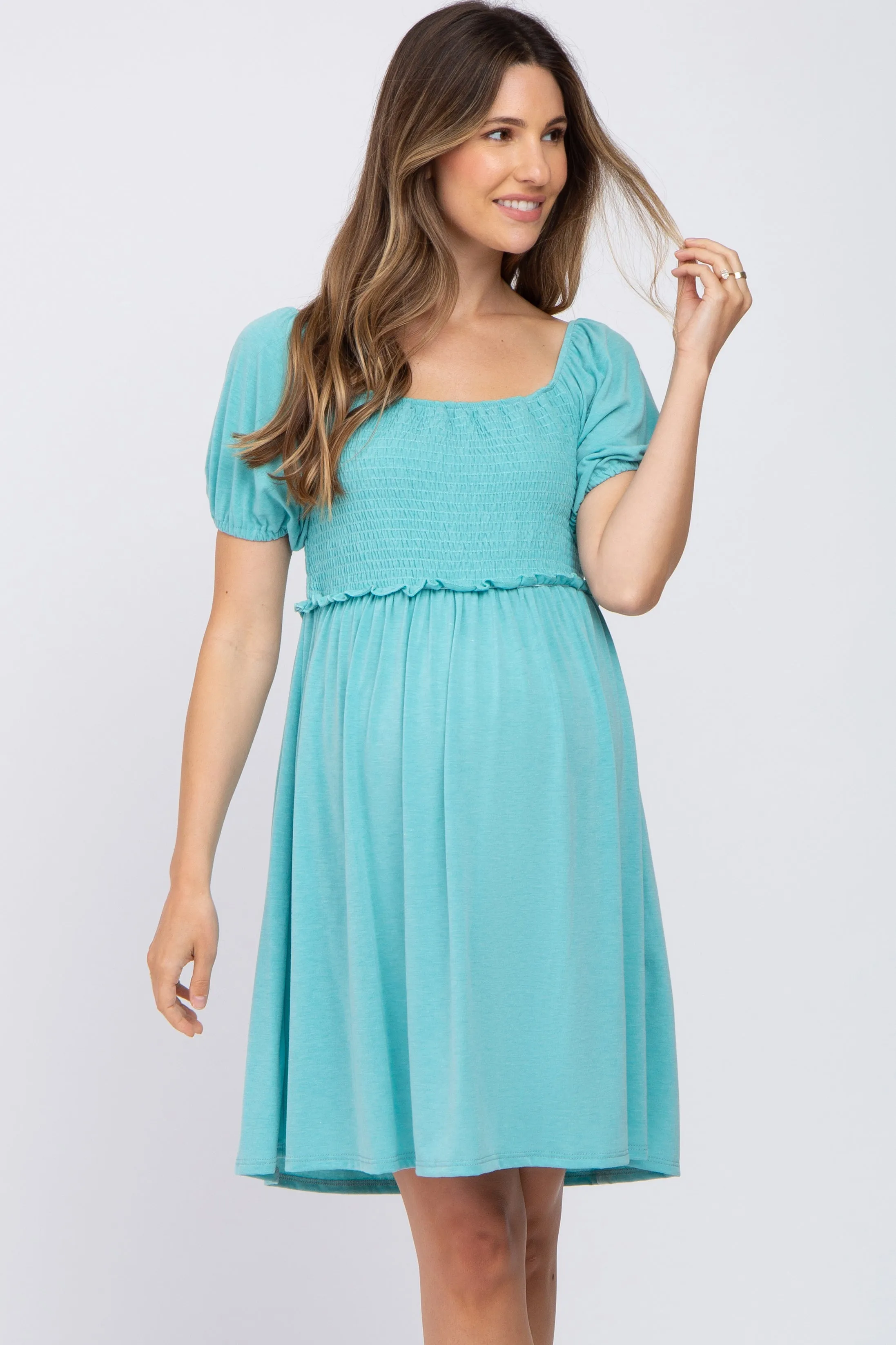 Aqua Smocked Maternity Dress