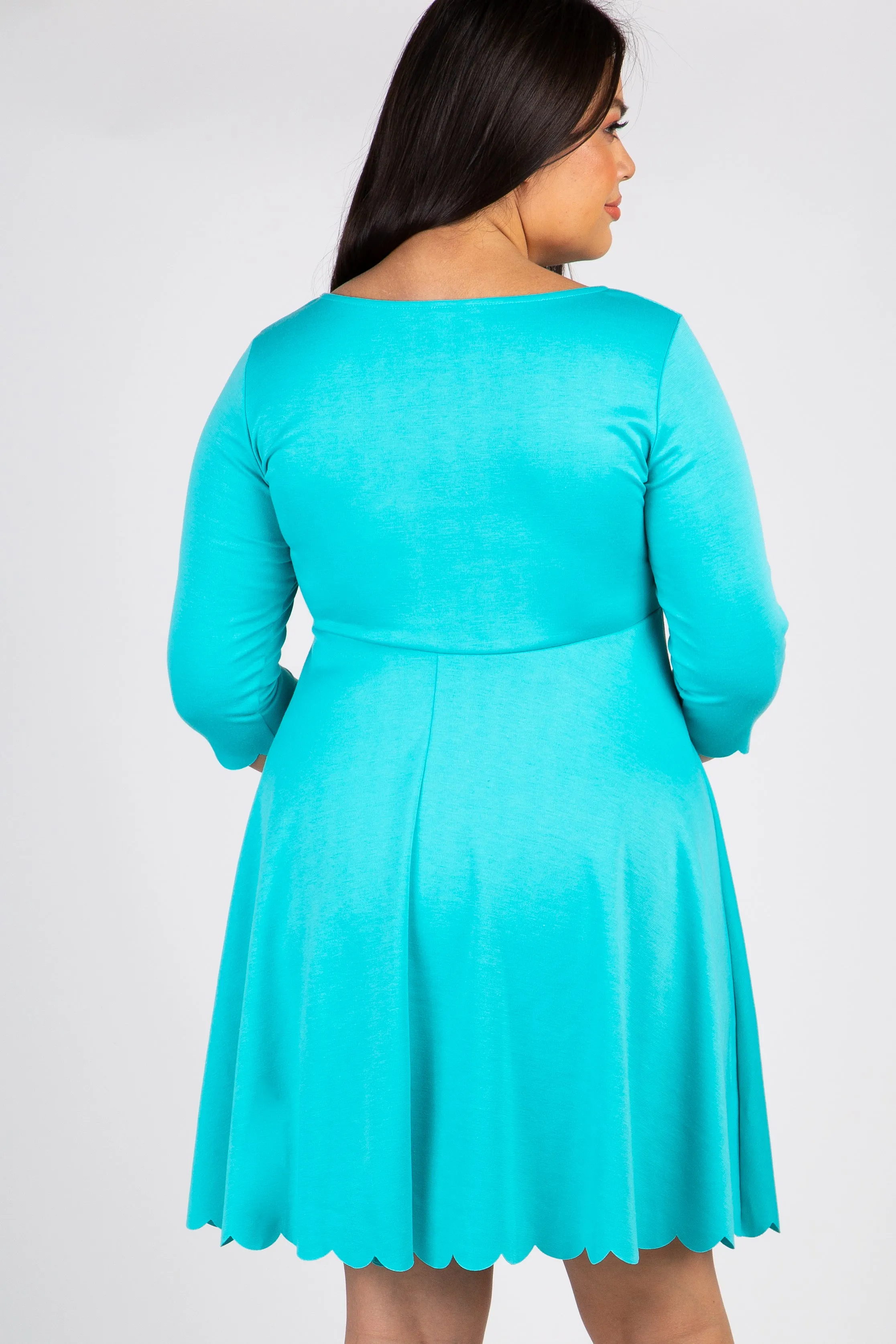 Aqua Solid Scalloped Hemline Plus Dress