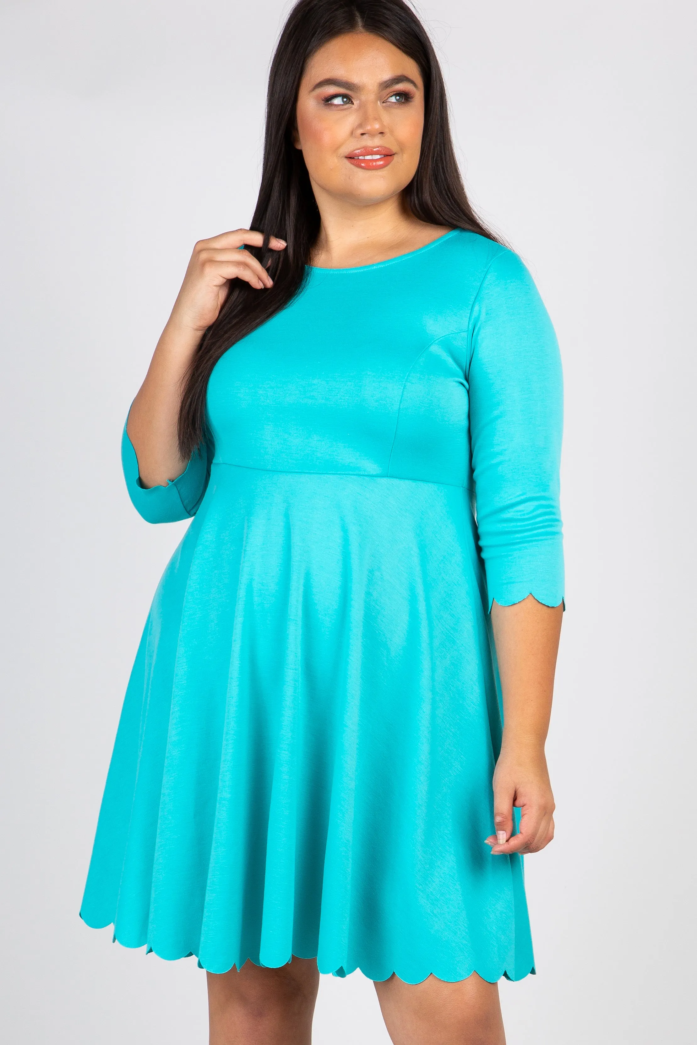 Aqua Solid Scalloped Hemline Plus Dress