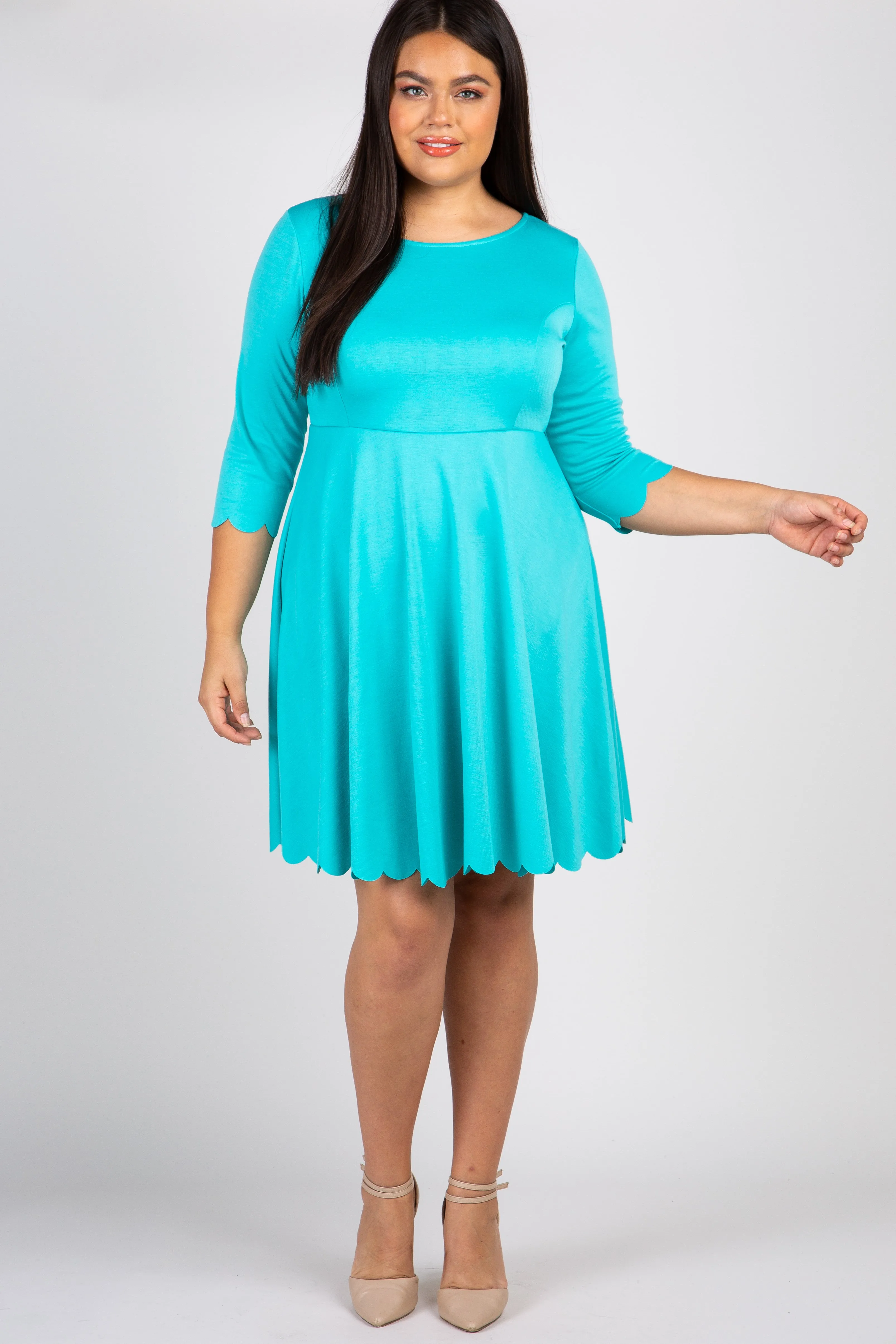 Aqua Solid Scalloped Hemline Plus Dress