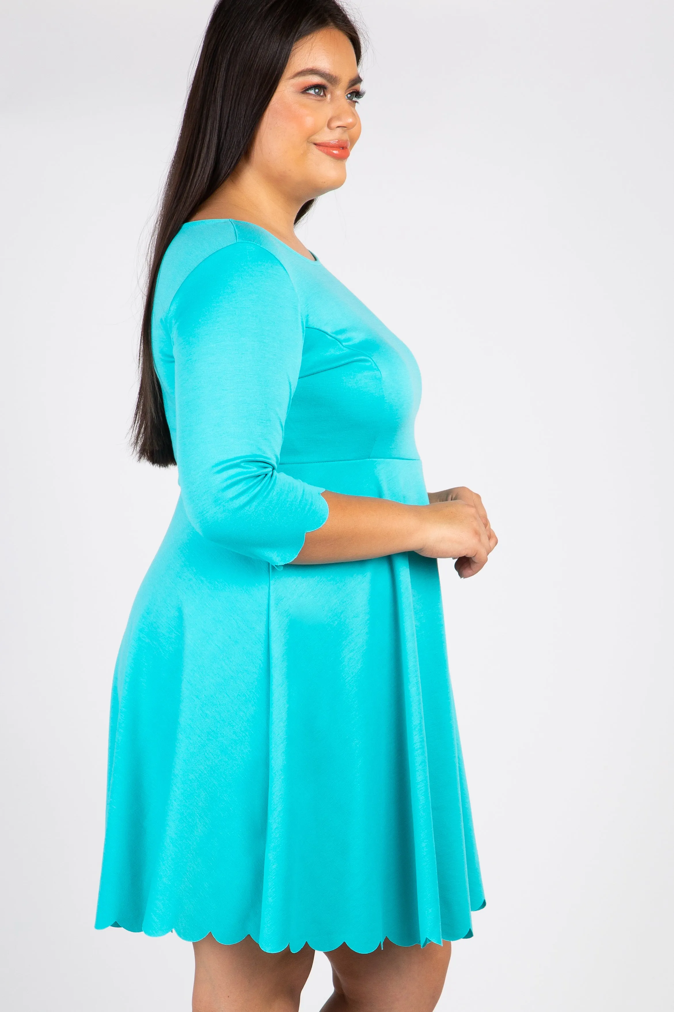 Aqua Solid Scalloped Hemline Plus Dress