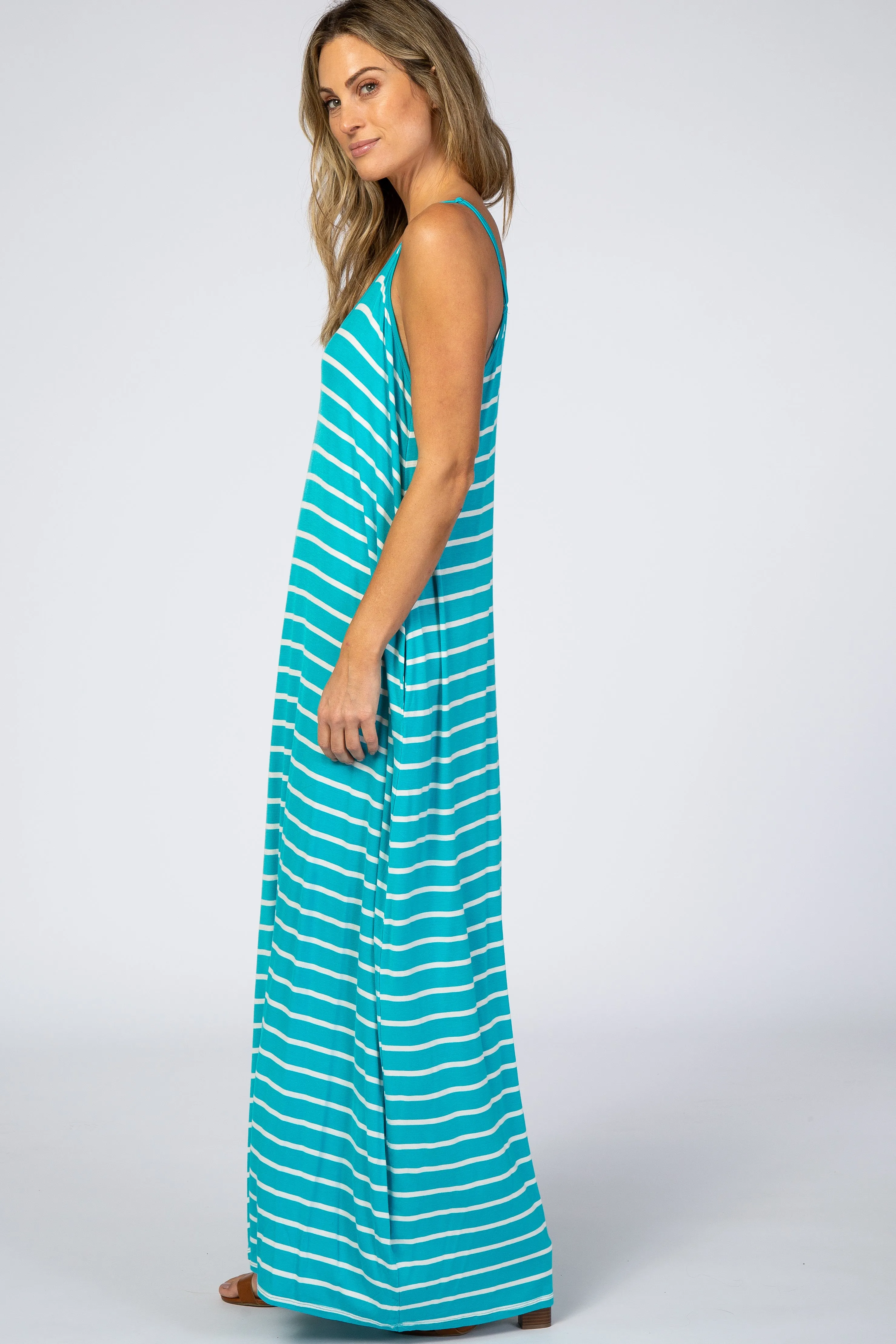 Aqua Striped Cami Strap Maxi Dress