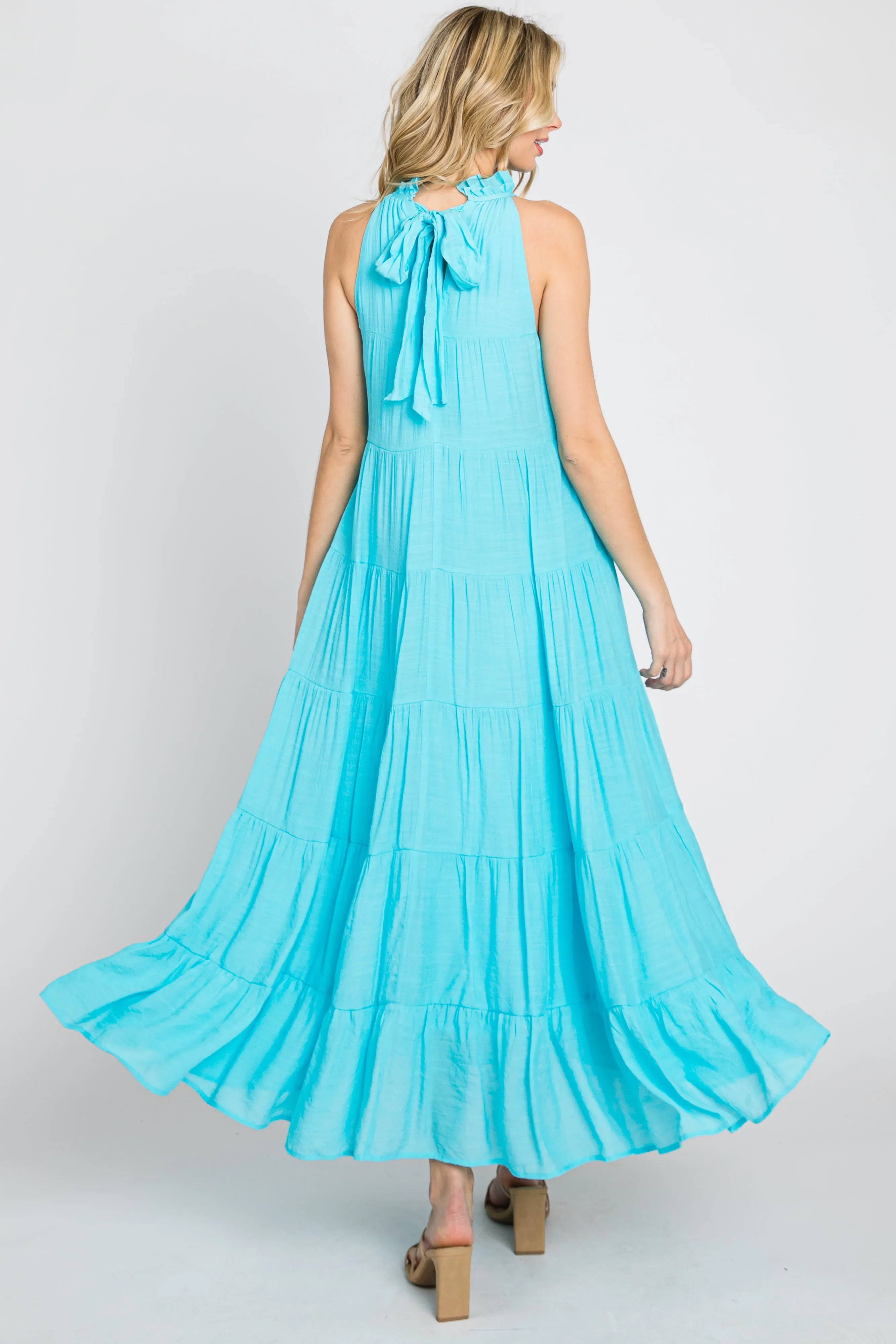 Aqua Tiered High Neck Maxi Dress