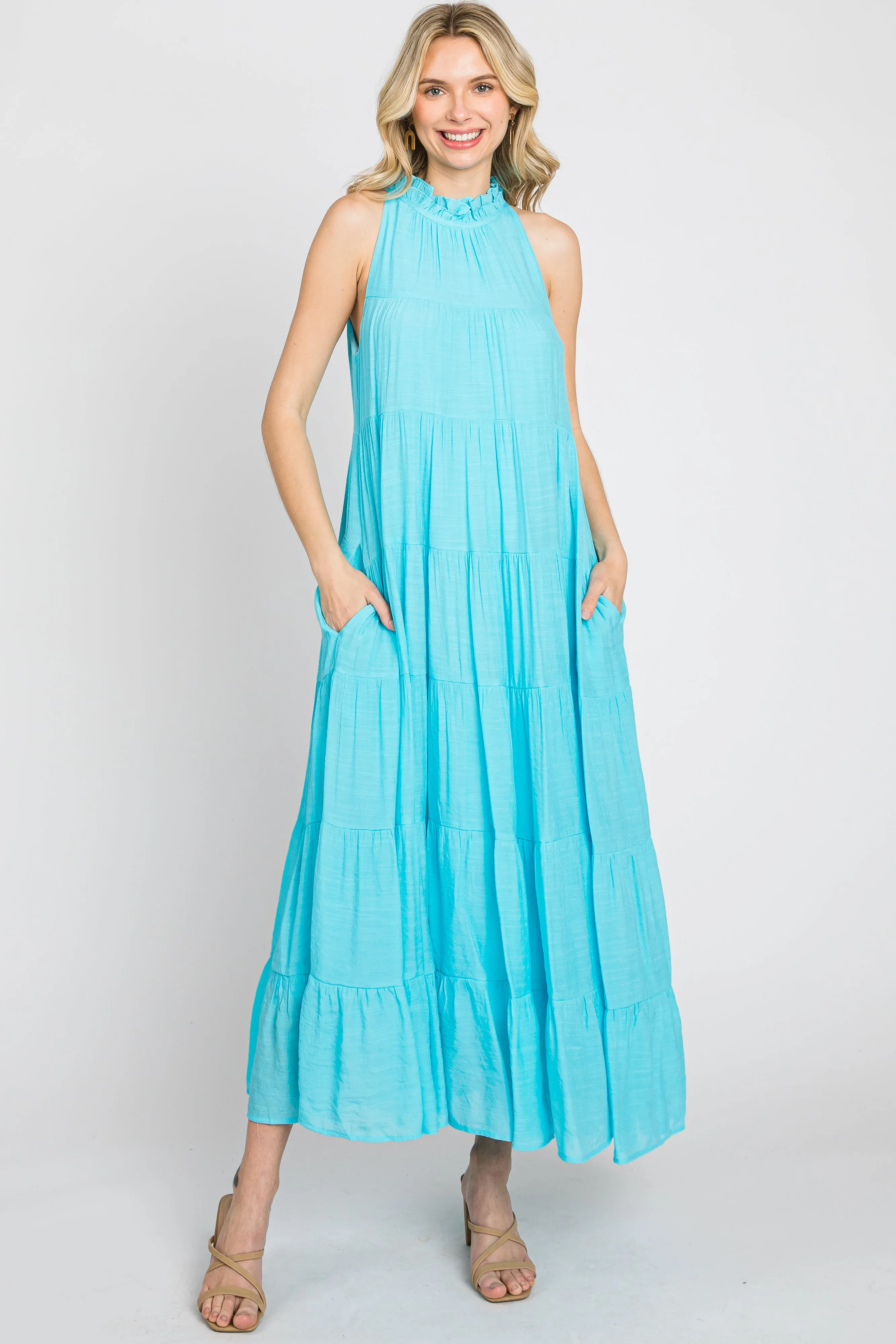 Aqua Tiered High Neck Maxi Dress