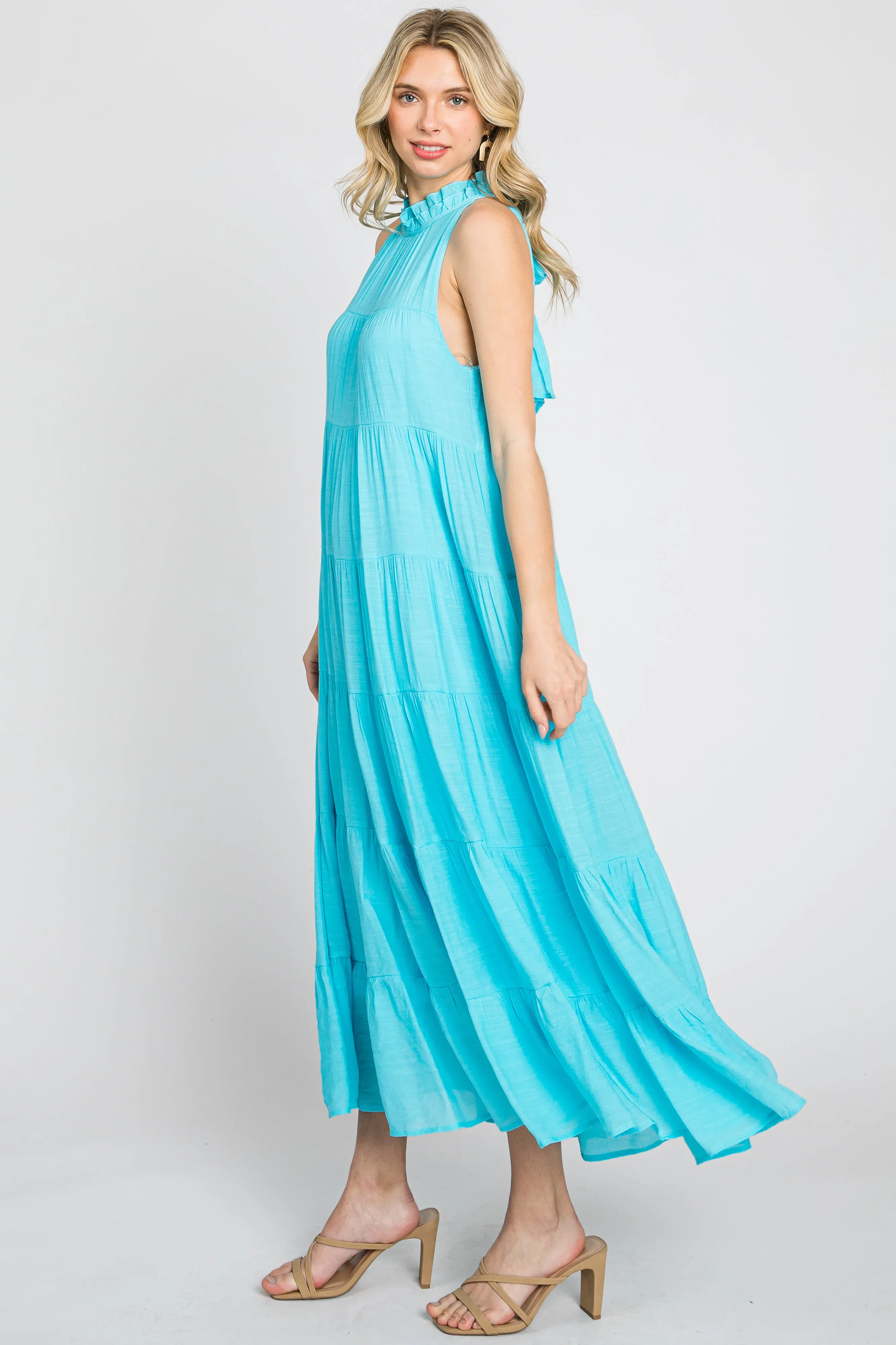 Aqua Tiered High Neck Maxi Dress