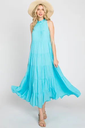 Aqua Tiered High Neck Maxi Dress