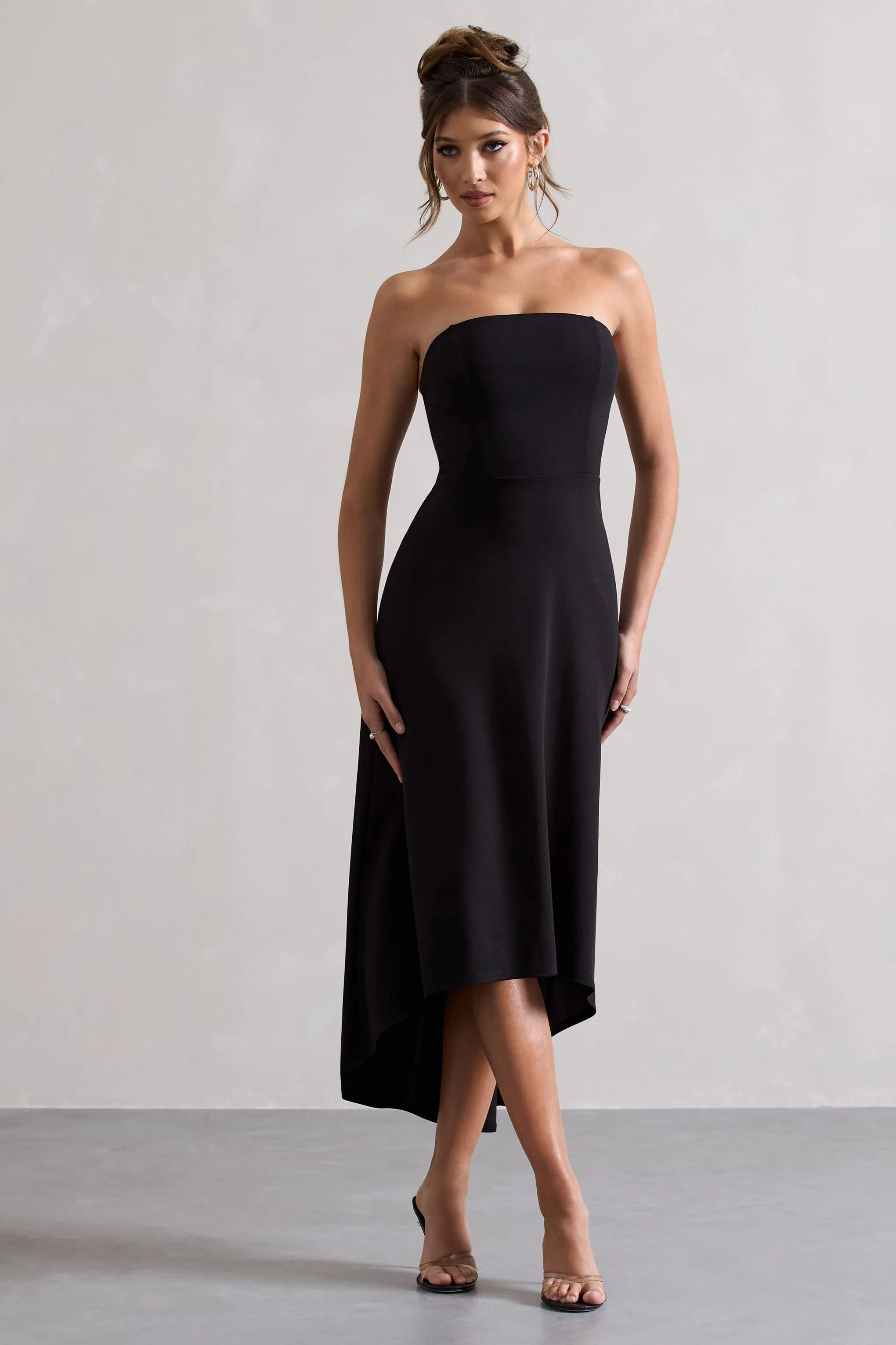 Ariela | Black Bandeau High-Low Midi Dress