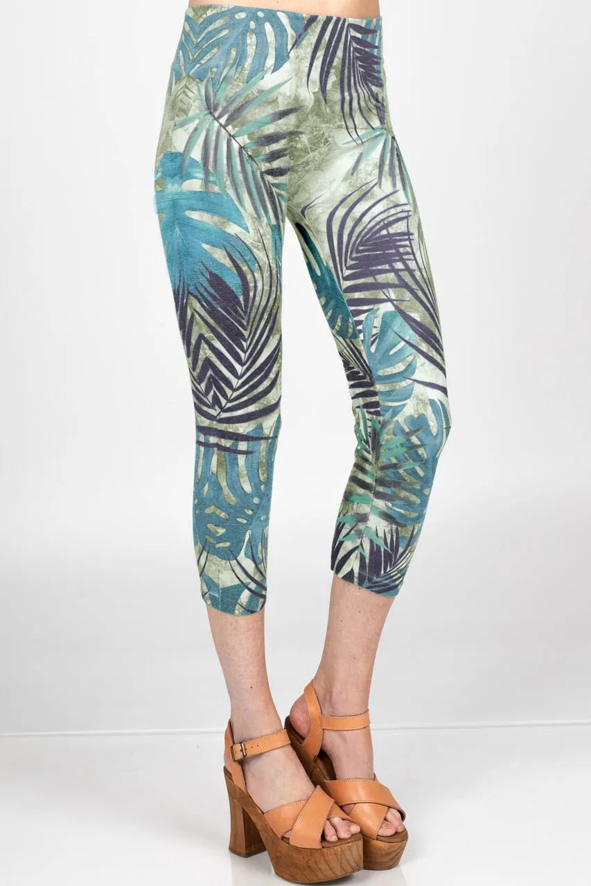 B4291U High Waist Crop Legging Tropical Leaves Print