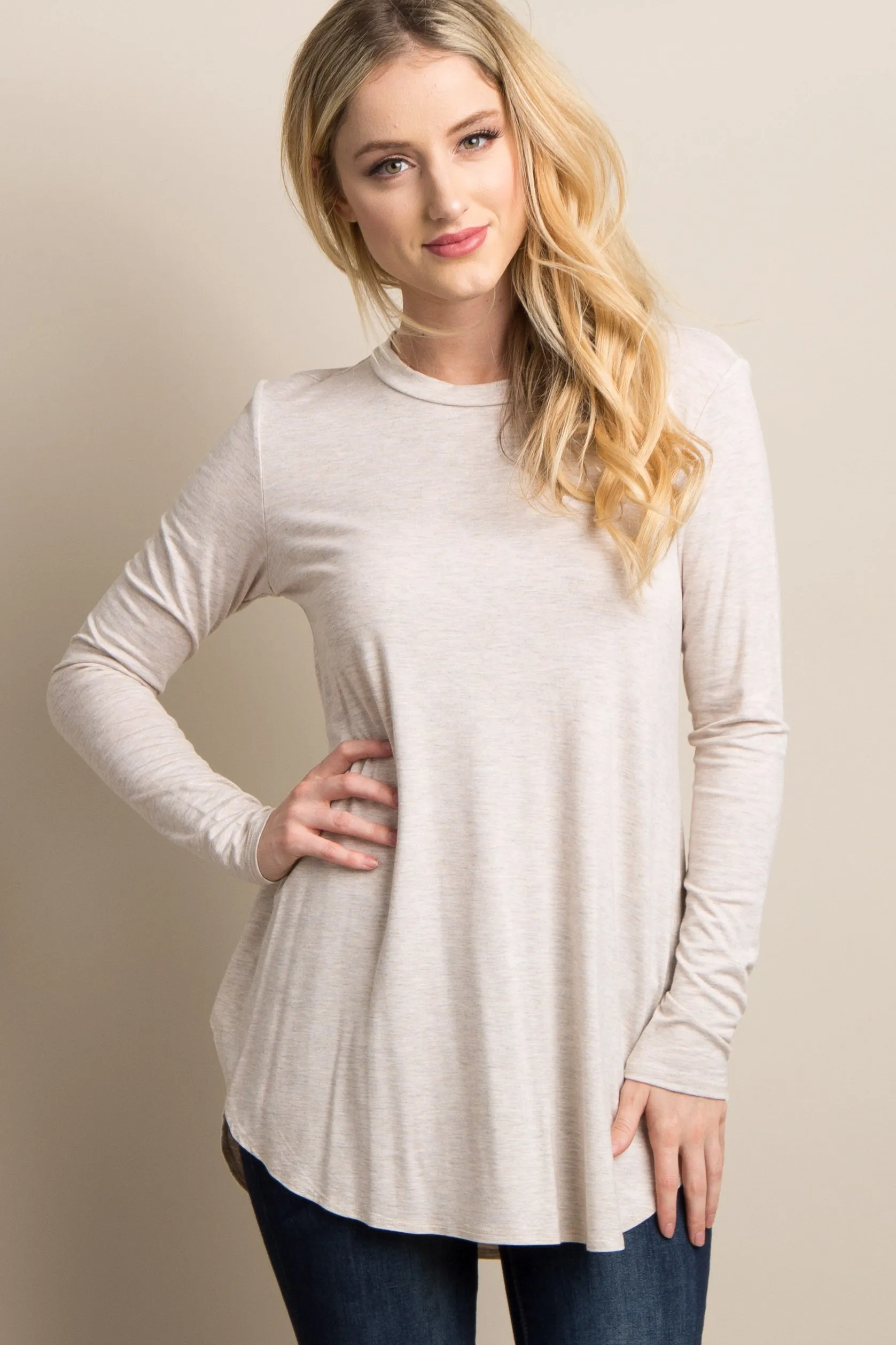 Beige Basic Long Sleeve Maternity Top