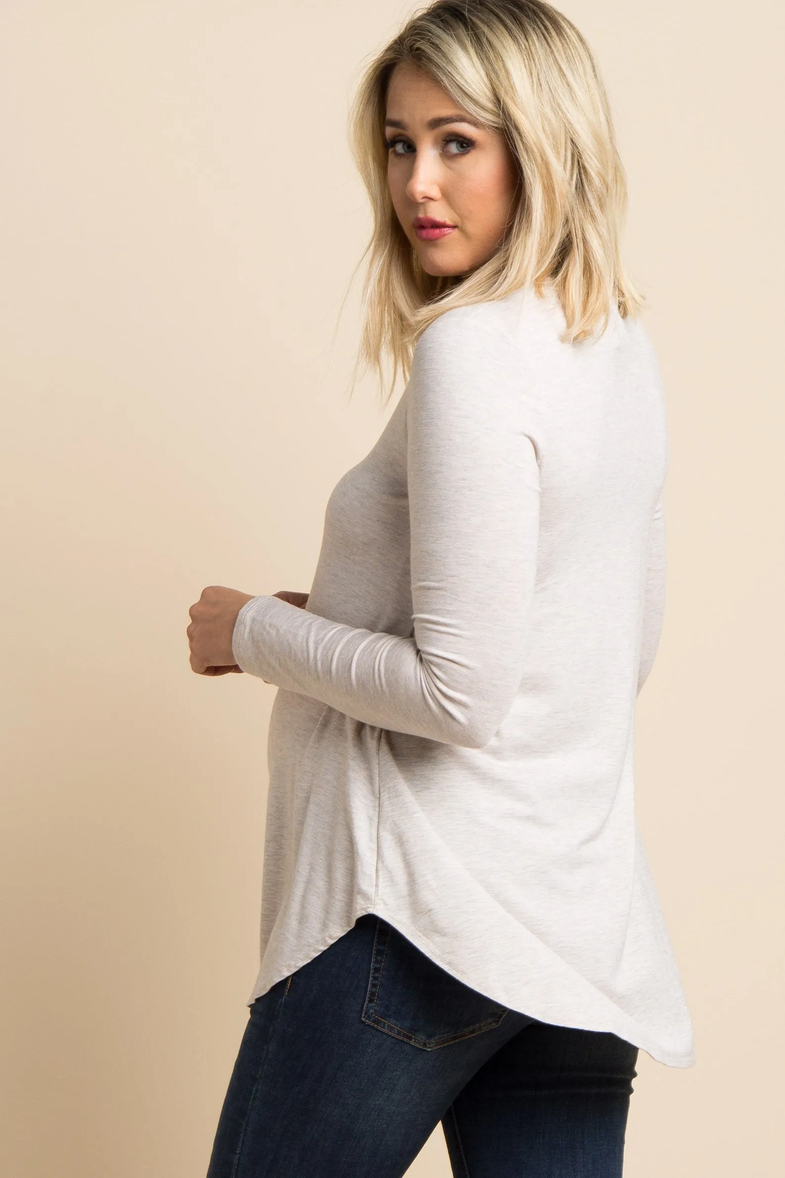 Beige Basic Long Sleeve Maternity Top