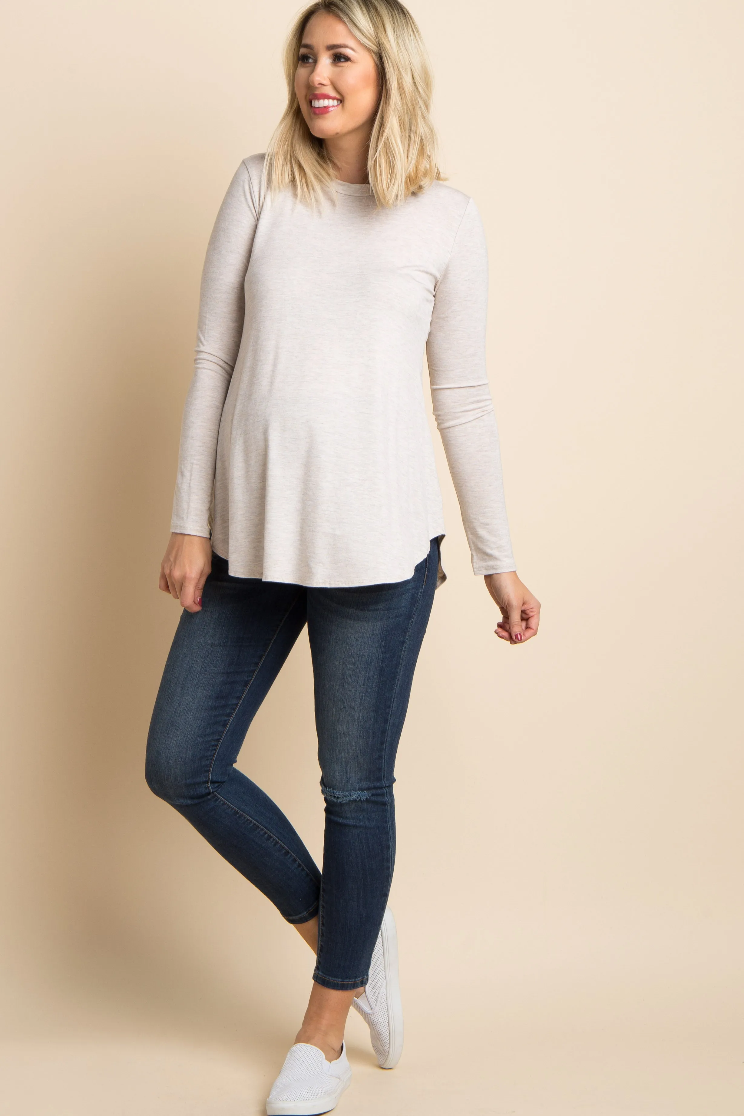 Beige Basic Long Sleeve Maternity Top