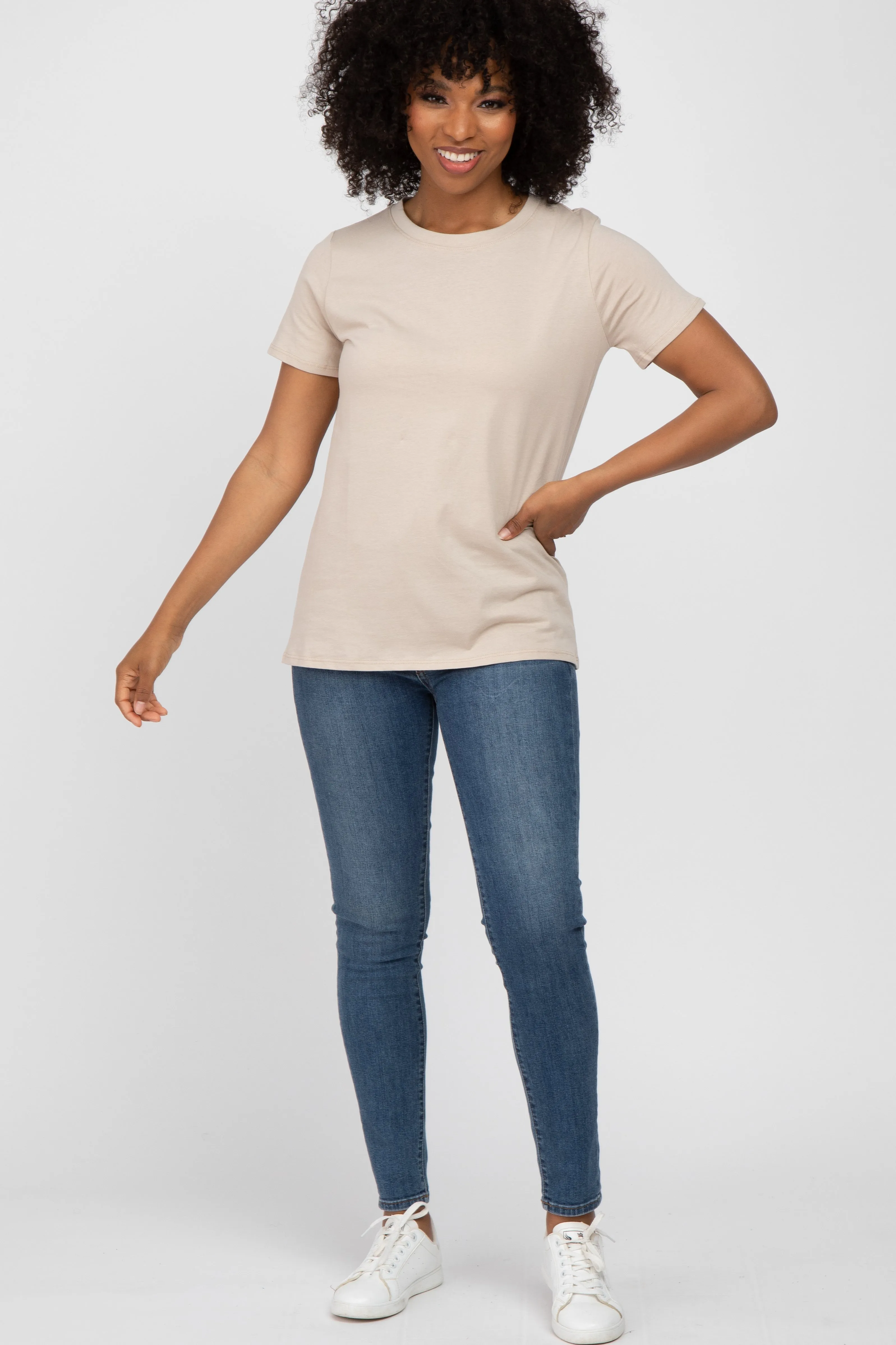 Beige Basic Short Sleeve Top